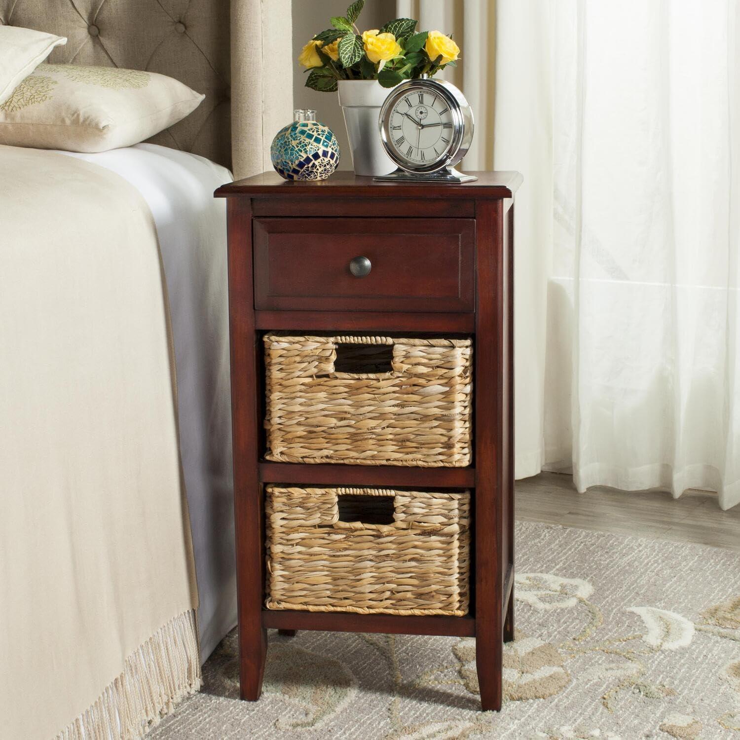 Transitional Pine and Metal Side Table with Storage Baskets