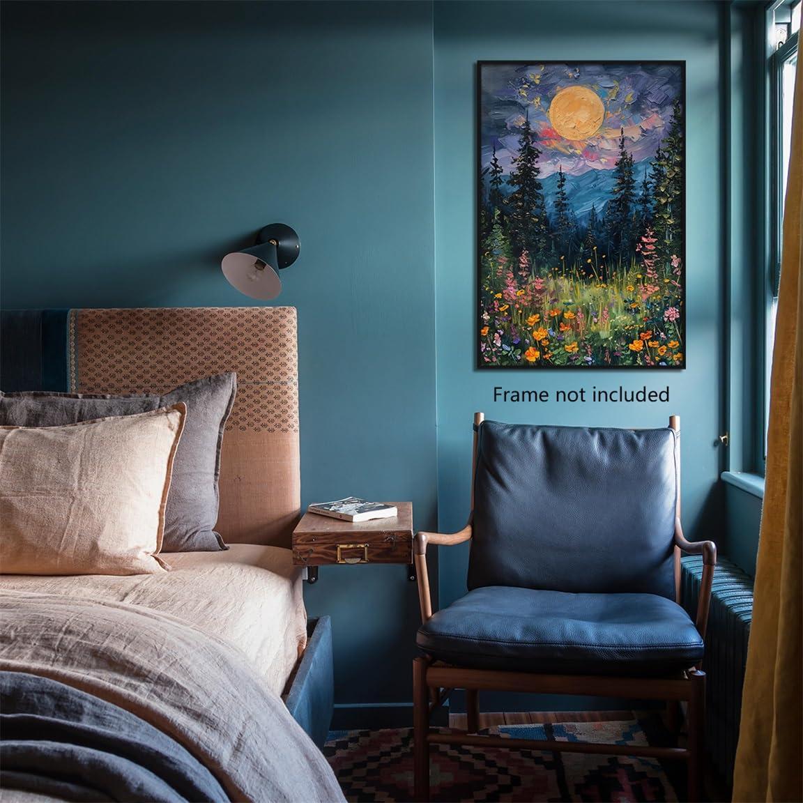 SYDposter Vintage Full Moon Above The Wildflowers Canvas Wall Art, Mystical Midnight Woodland Art Print Poster, Retro Flowers and Trees Nature Oil Painting, Dark Forest Landscape 12x16in Unframed