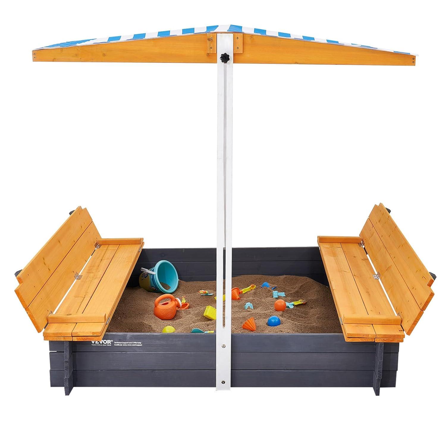 VEVOR Wooden Sandbox with Canopy, Sandpit with Foldable Bench Seats and Bottom Liner, Height Adjustable Roof, Gift for Ages 3-12 Years Old Backyard Garden Easy Assembly (57.3 x 47.2 x 47.2in)