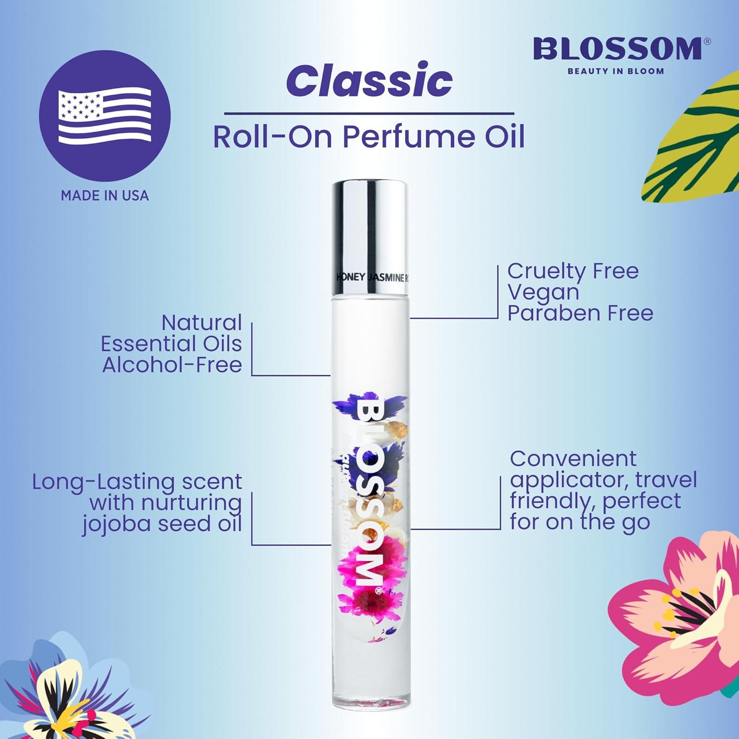 Blossom Roll on Perfume for Women Alcohol Free Rollerball Perfume Oil with Essential Oils, Infused with Real Flowers, Made in USA, 0.3oz, 3 pack Mini Gift Set, Hibiscus/Honey Jasmine/Rose