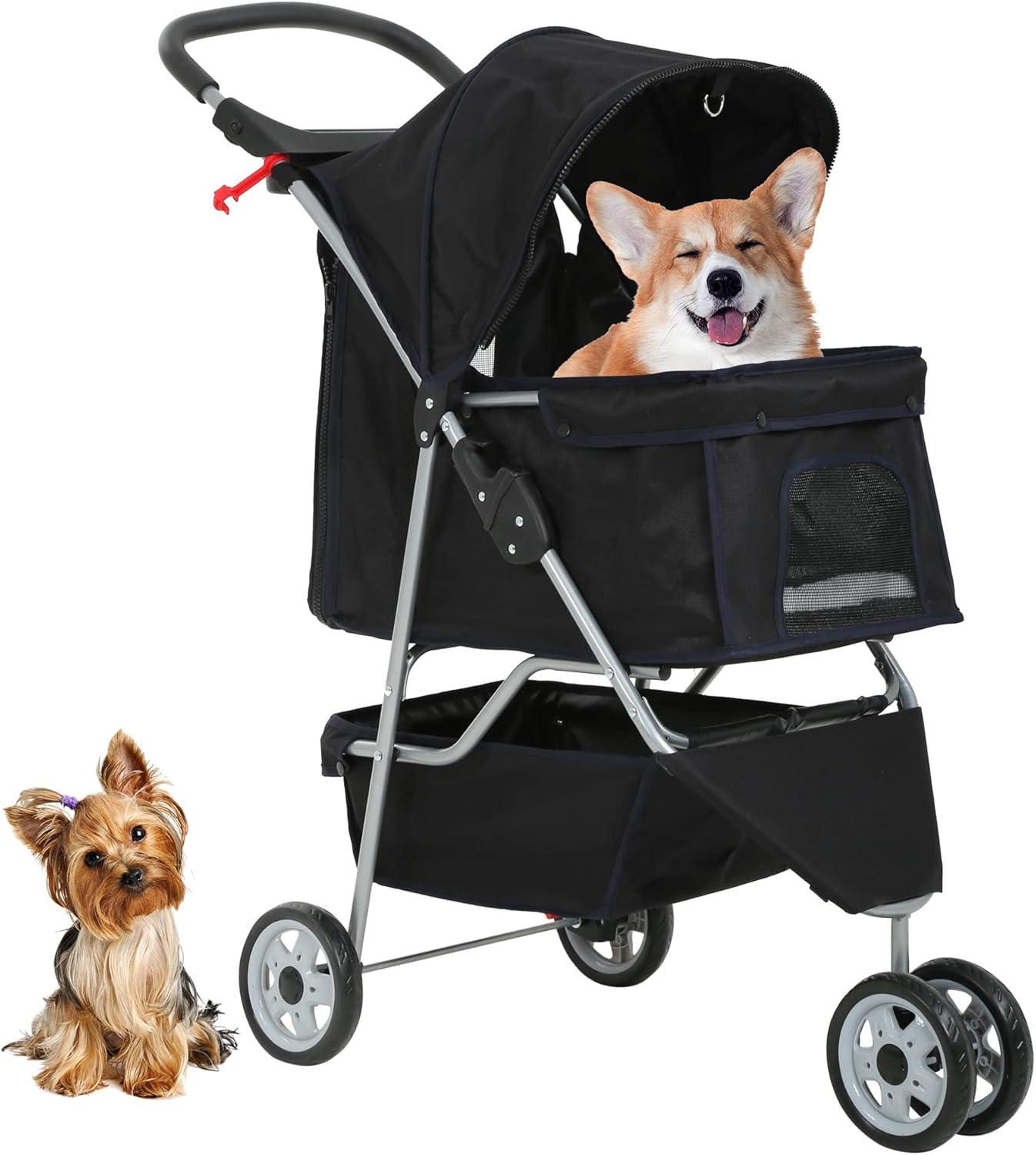 Dog Stroller, 3 Wheels Pet Cat Jogger Stroller, Folding Carrier Waterproof Puppy Stroller with Cup Holder & Removable Liner, Dog Strollers for Small Dogs, for Small and Medium Pets