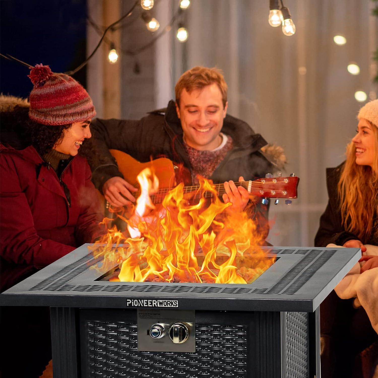 28'' Black Steel Gas Fire Pit Table with Stone Top