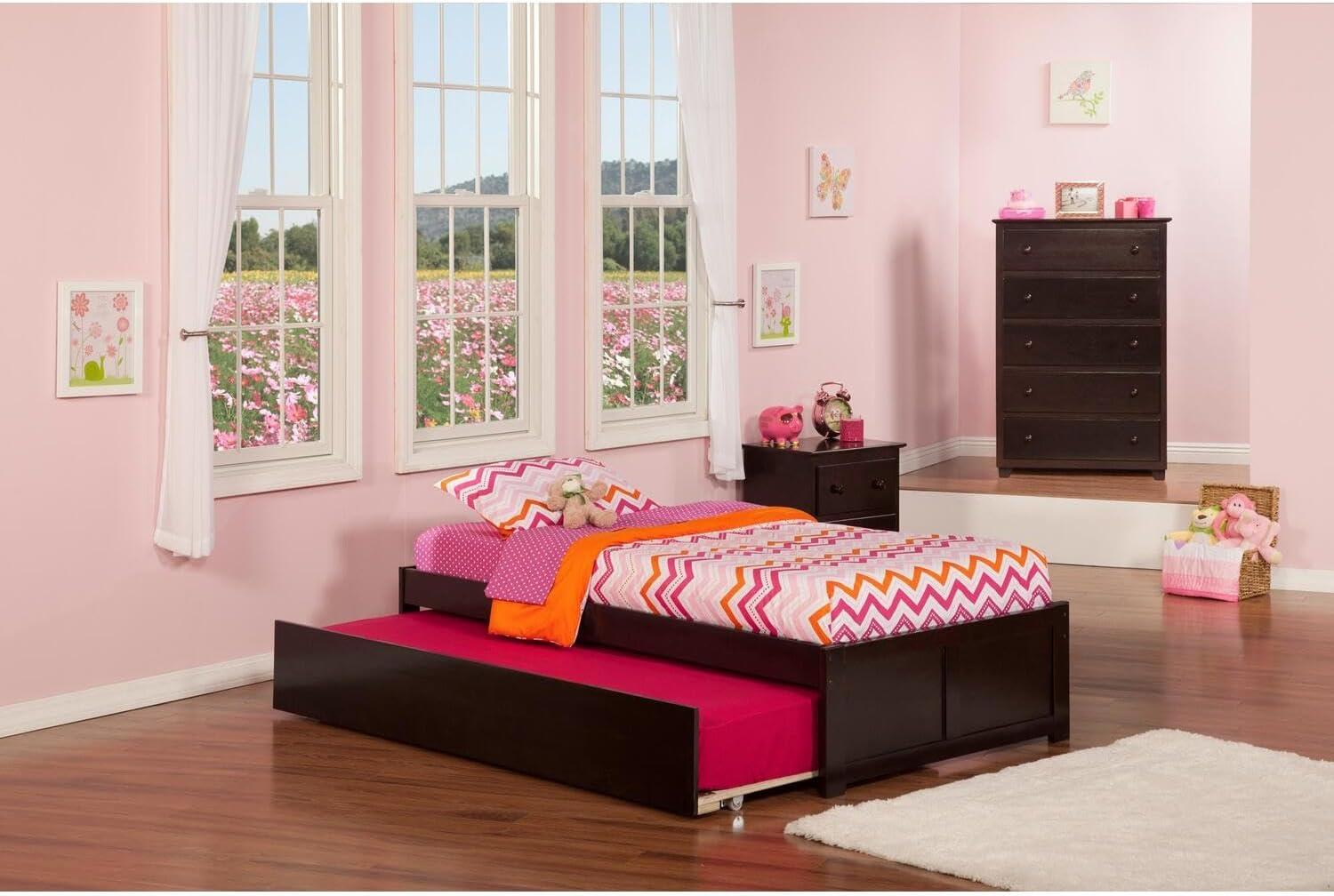 Concord Traditional Twin Platform Bed with Trundle in Light Stained Rubberwood