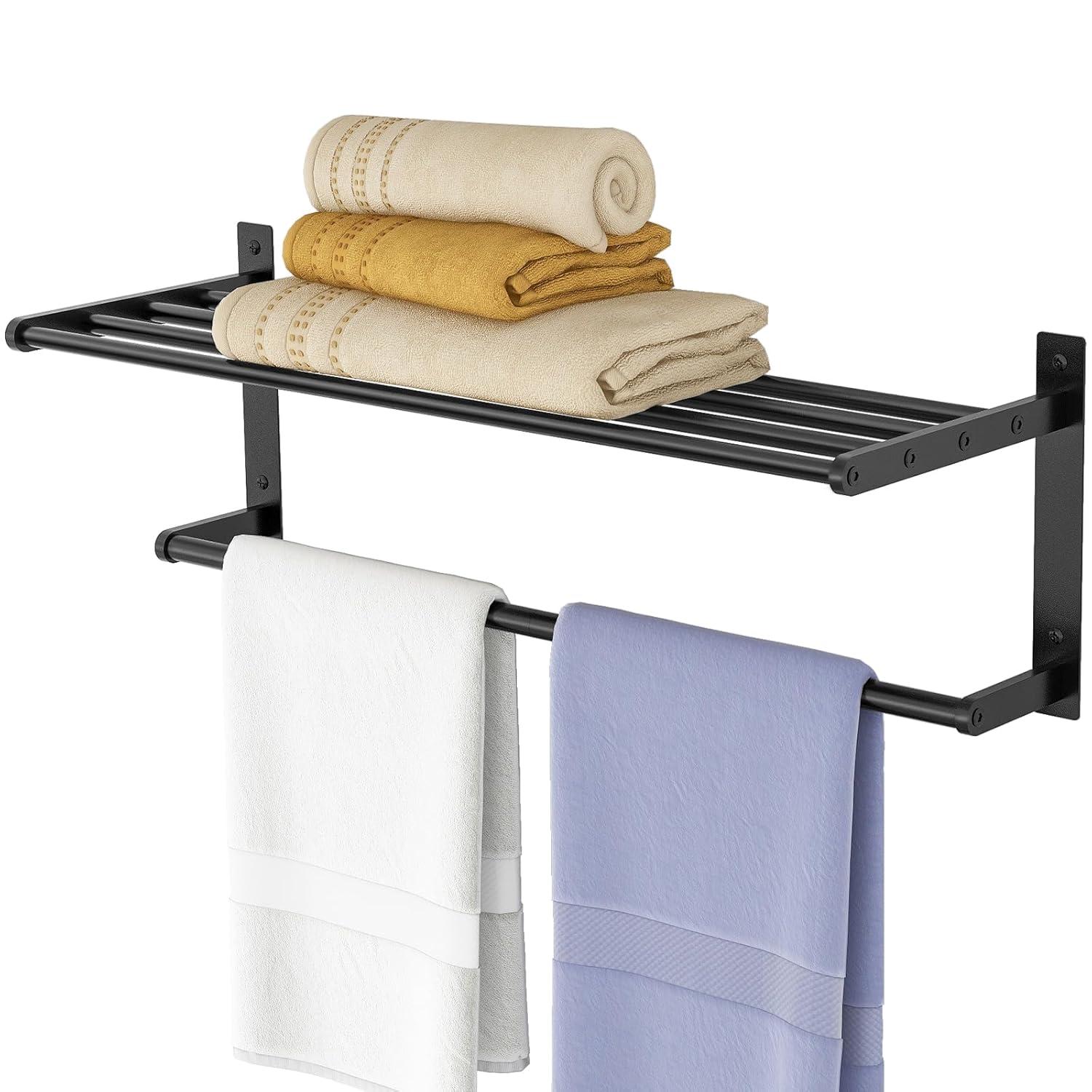 24 Inch Towel Racks for Bathroom, 2 Tire Bathroom Shelf with Towel Bar, Rustproof Wall Mounted Towel Rack SUS304 Stainless Steel, Bathroom Accessories Lavatory Towel Storage - Black