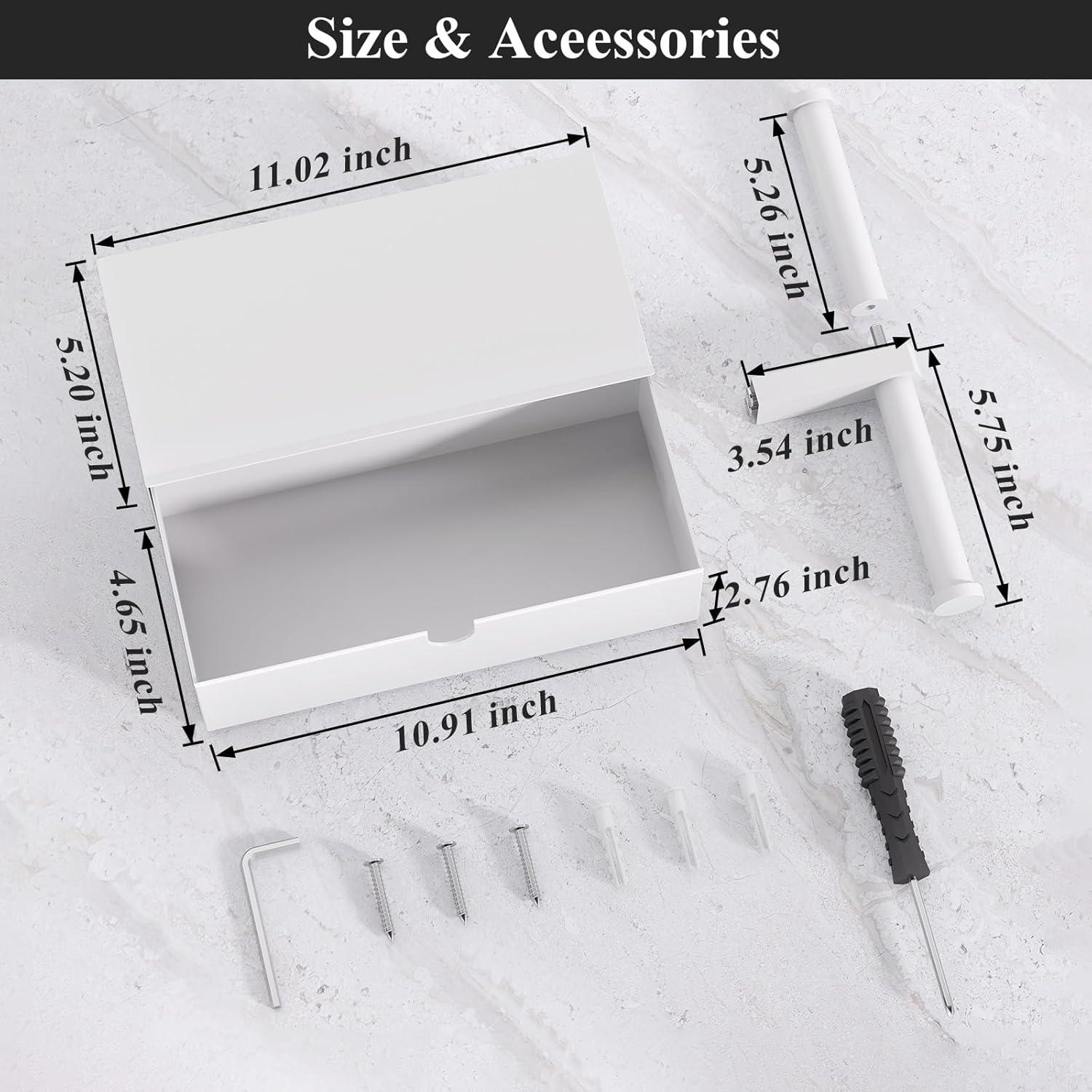 Tindbea Toilet Paper Holder with Storage - Stainless Steel Wall Mounted Toilet Paper Holder with Shelf, Flushable Wipes Holer Dispenser, Tampon Storage for Bathroom, Double Tissue Roll Holder, White