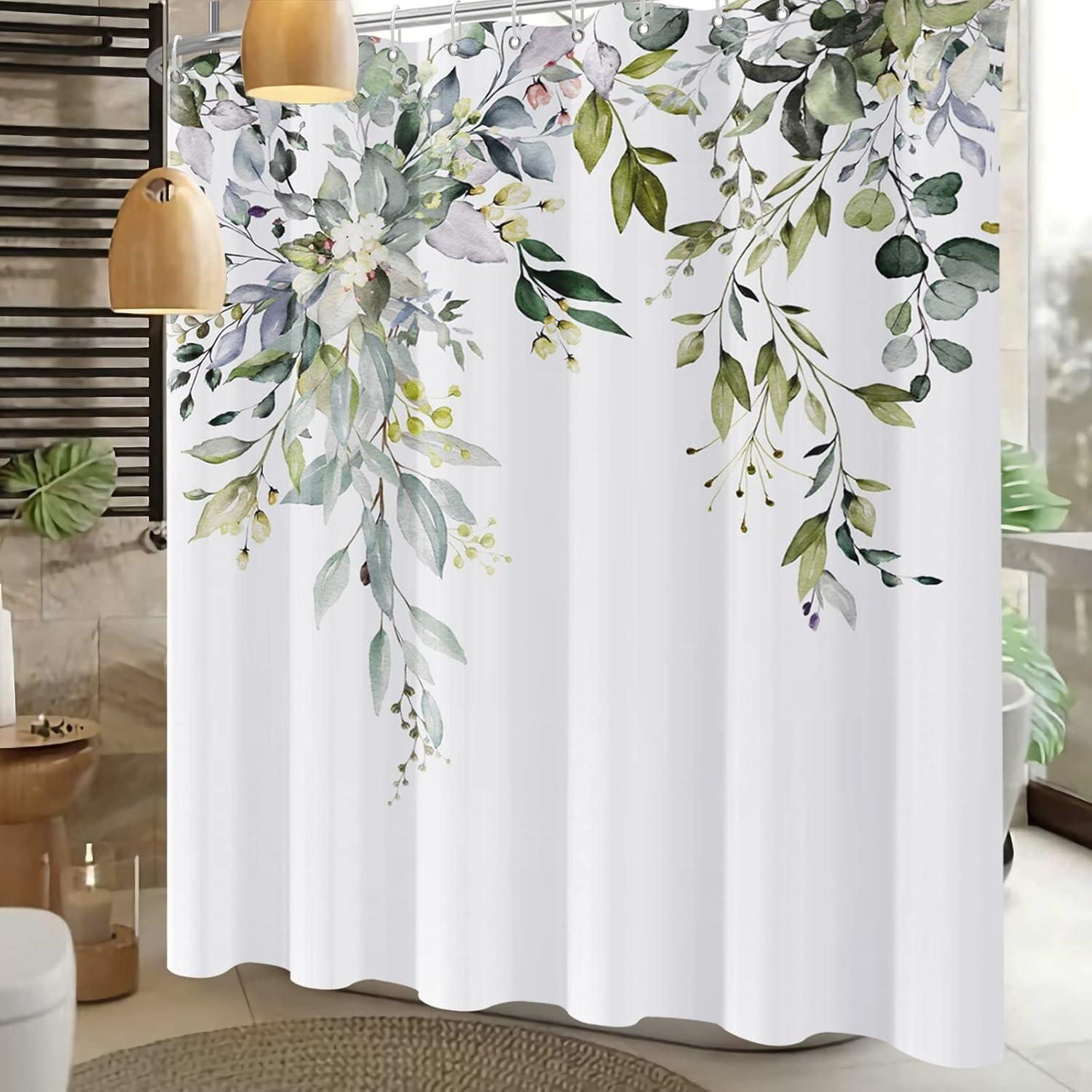 Eucalyptus Watercolor Leaves Semi-Sheer Waterproof Shower Curtain