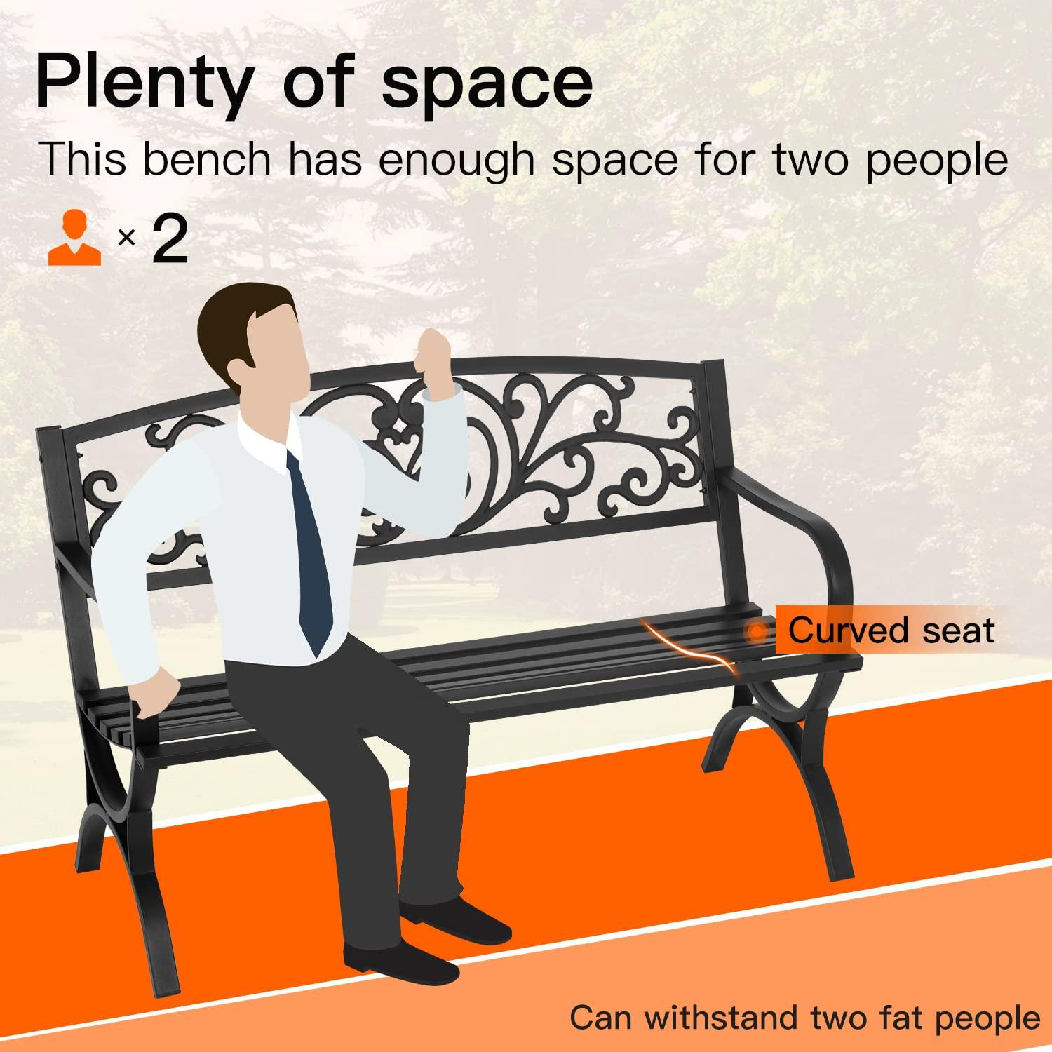 QSHIMY Patio Garden Bench 50 inch Outdoor Metal Loveseat Chairs with Armrests Slatted,Easy to Assemble,Sturdiness,Perfect for Outdoors,Black