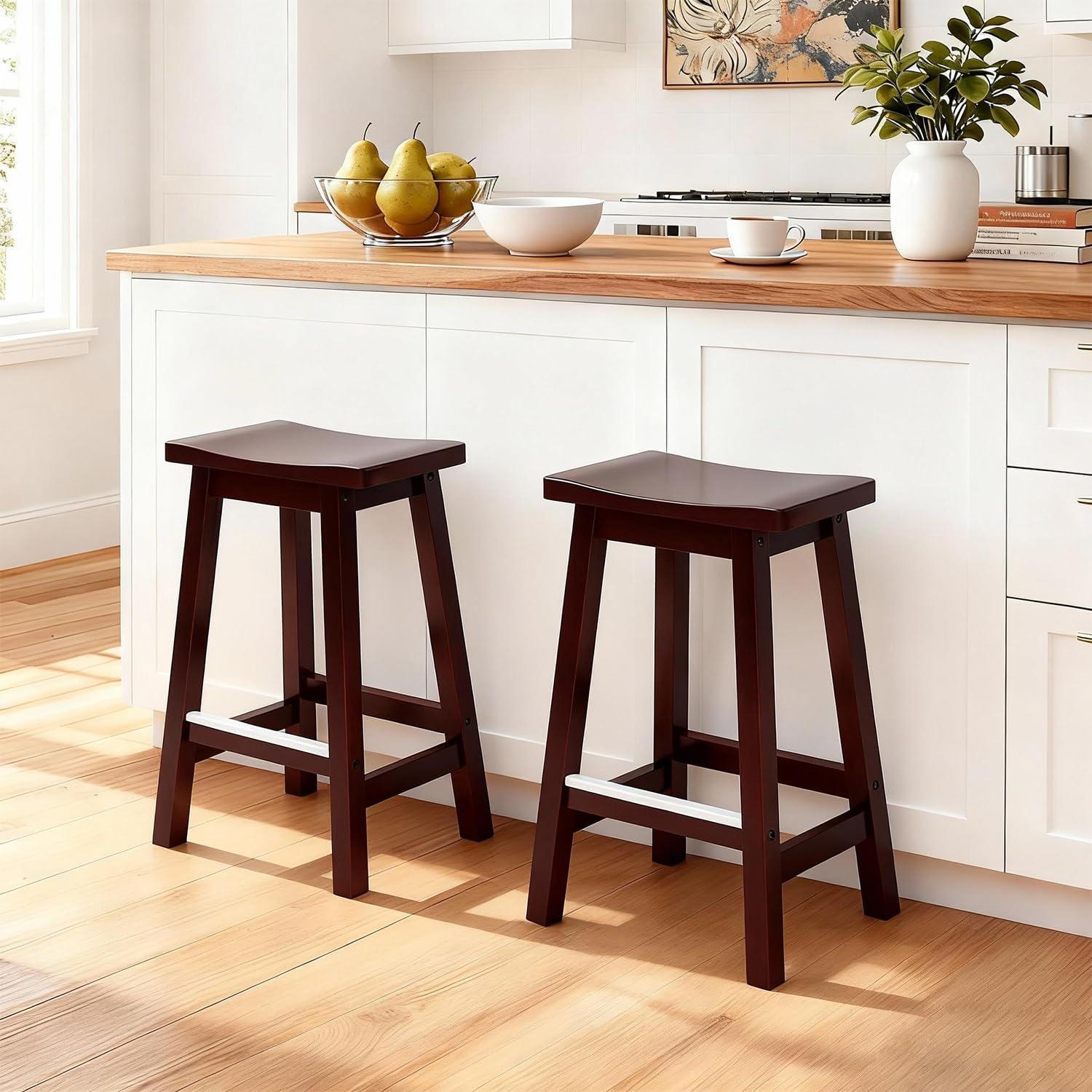 QuellQuest Bar Stools Set of 2 for Kitchen Counter Solid Wooden Saddle Stools 24-Inch/30-Inch Height (Brown, 24 in)
