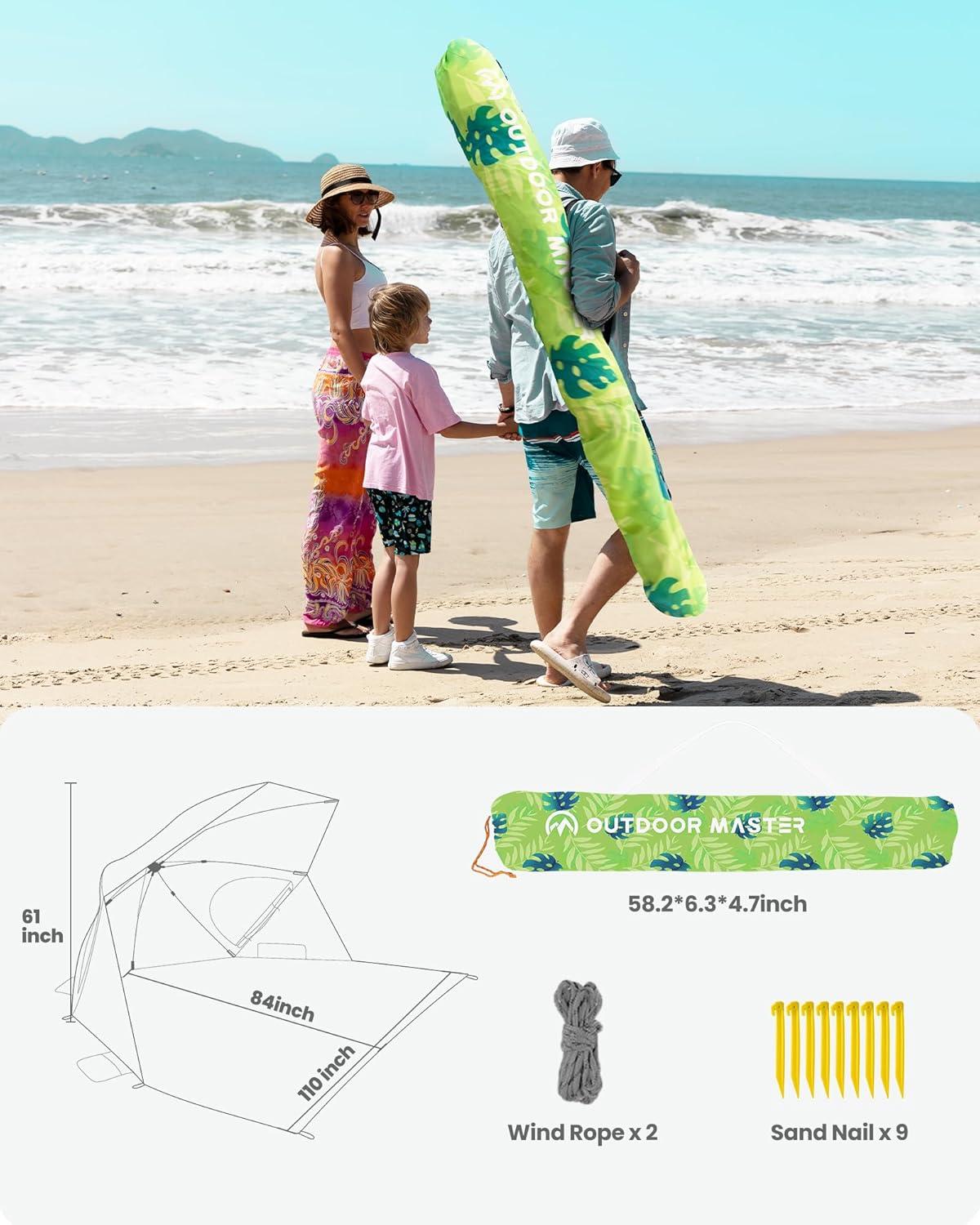OutdoorMaster Pop Up Beach Umbrella, Portable Umbrella Shelter, Beach Shade Sun Canopy with UPF 50+ UV Protection, Extendable Floor with Carrying Bag