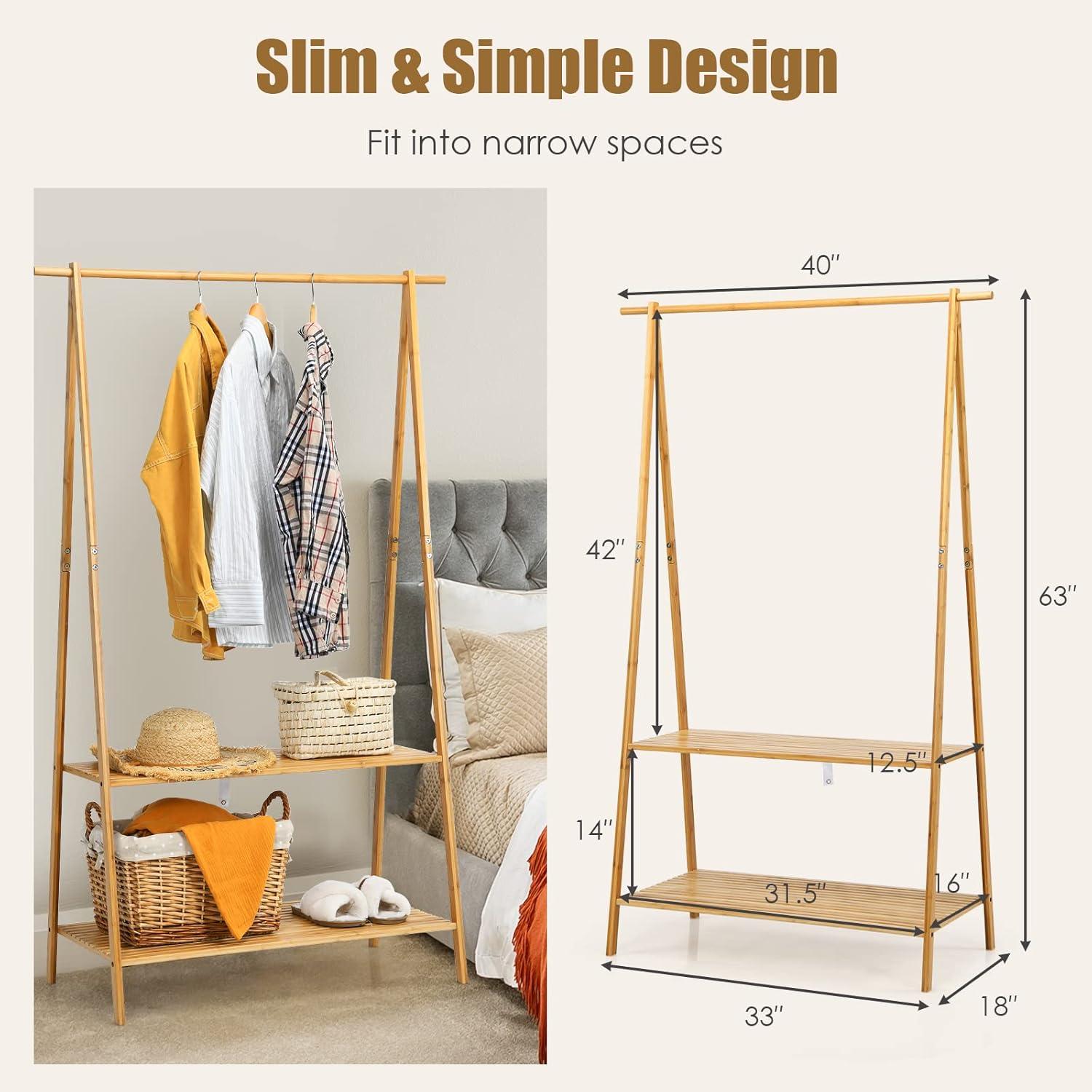 Natural Bamboo Freestanding Garment Rack with 2-Tier Shelves