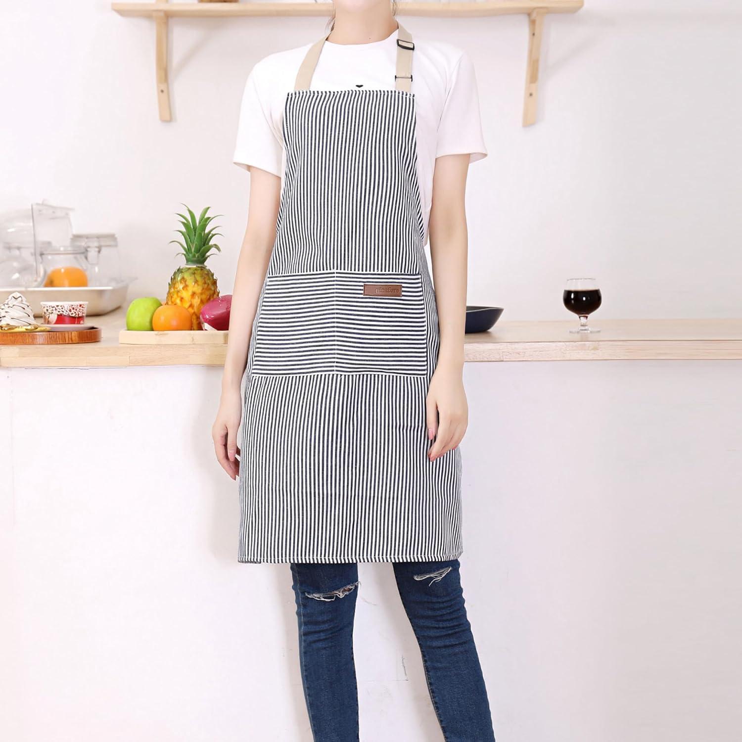 Tosewever 2 Pieces Kitchen Cooking Aprons, Cotton Polyester Blend Adjustable Bib Aprons with 2 Pockets for Women Men Chef Chef (Navy/Black Stripes, 2)