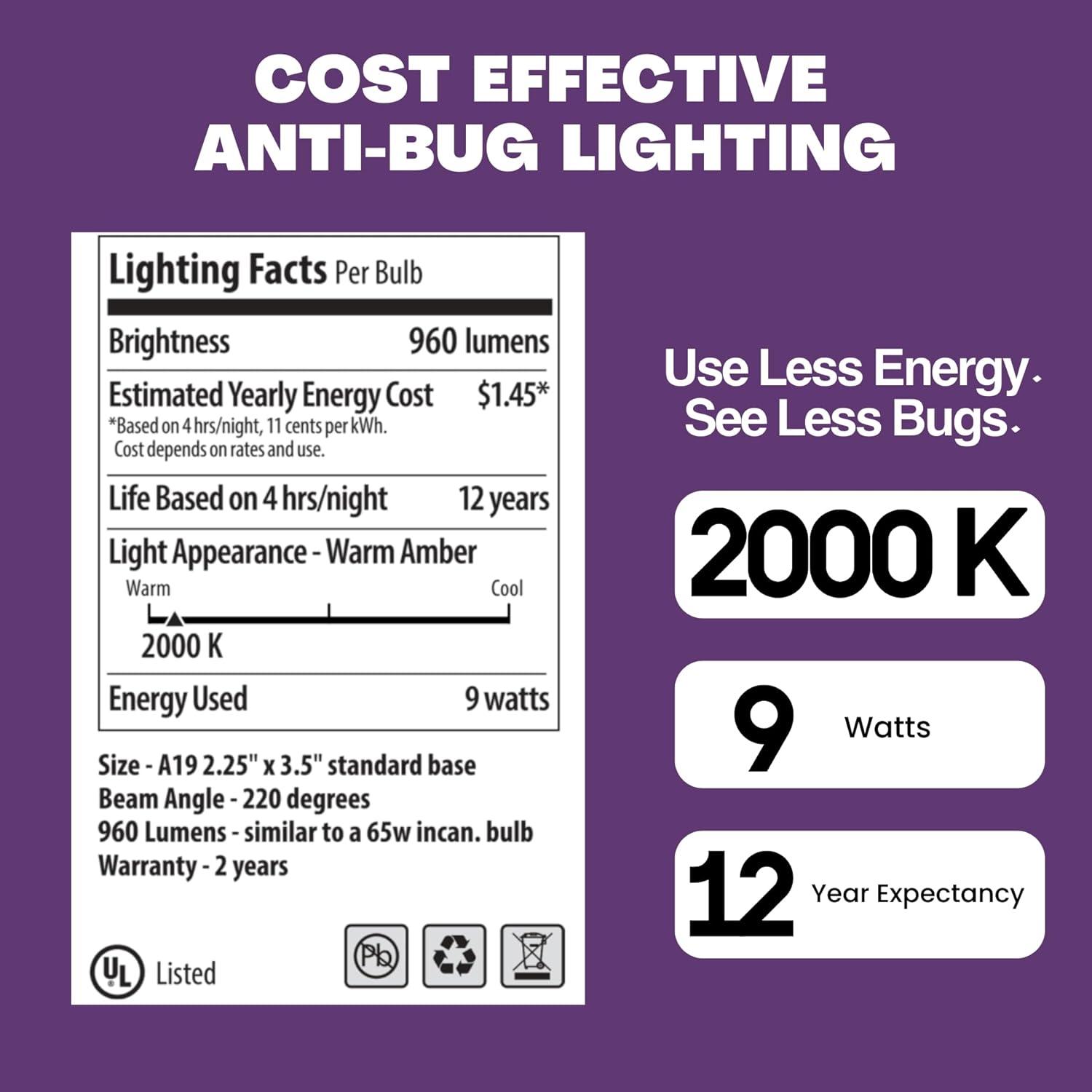 Amber Yellow LED Outdoor Bug-Reducing Light Bulb, 9W