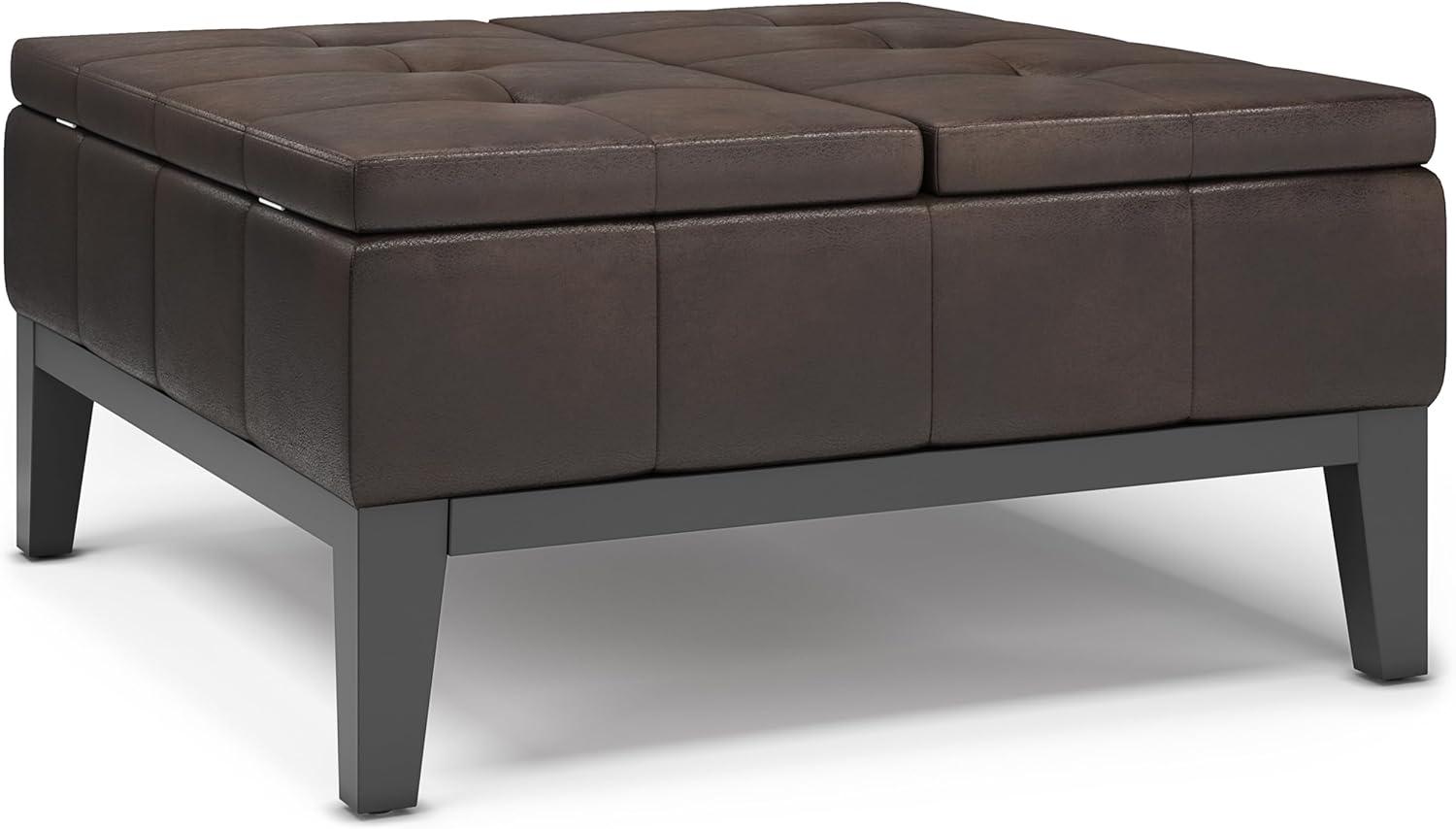 Simpli Home Dover 36" Faux Air Leather Coffee Table Ottoman in Distressed Brown