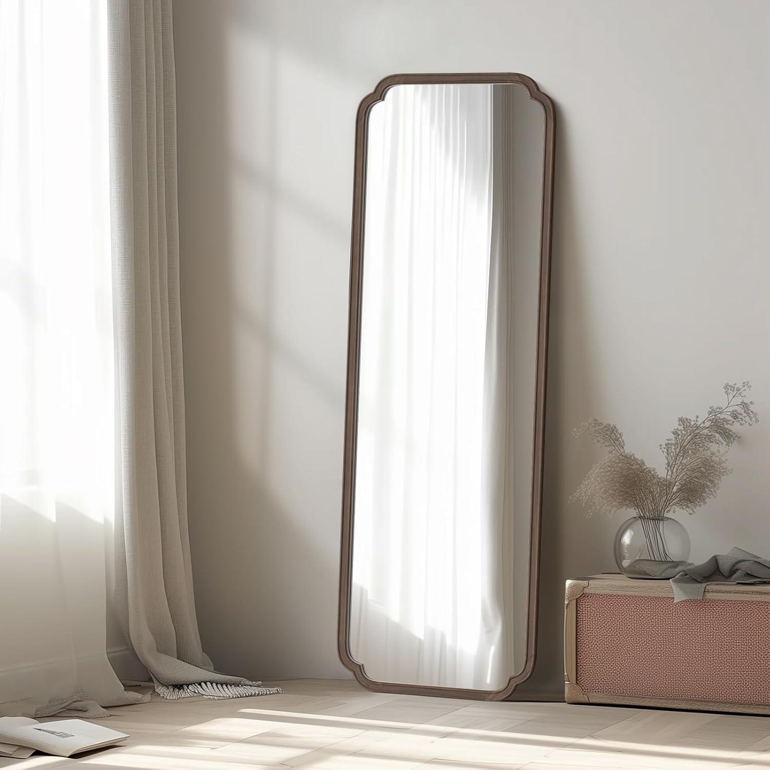 Walnut Full Length Rectangular Mirror with Intricate Wooden Frame