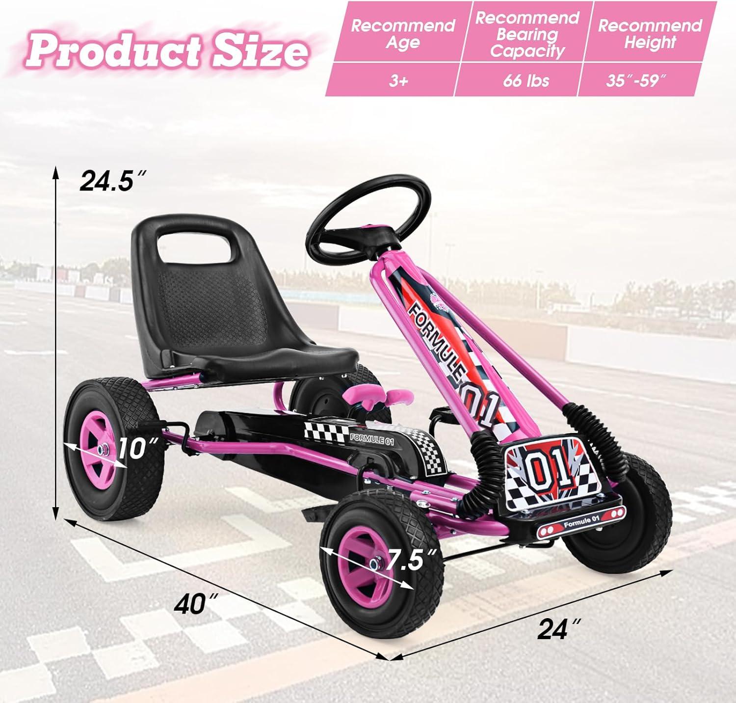 Costway Go Kart 4 Wheel Pedal Powered Kids Ride On Toy with Adjustable Seat Pink
