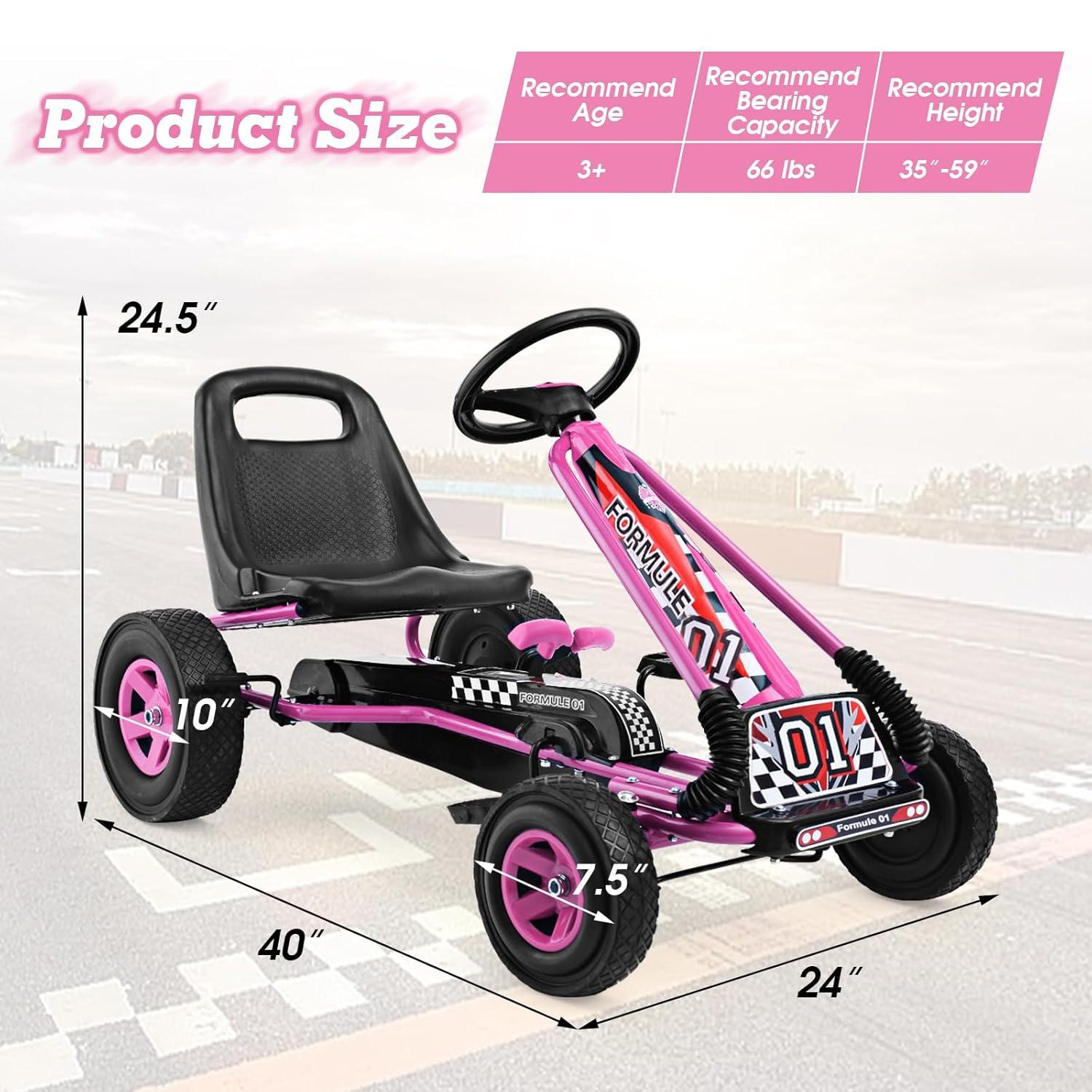 Costway Go Kart 4 Wheel Pedal Powered Kids Ride On Toy with Adjustable Seat Pink
