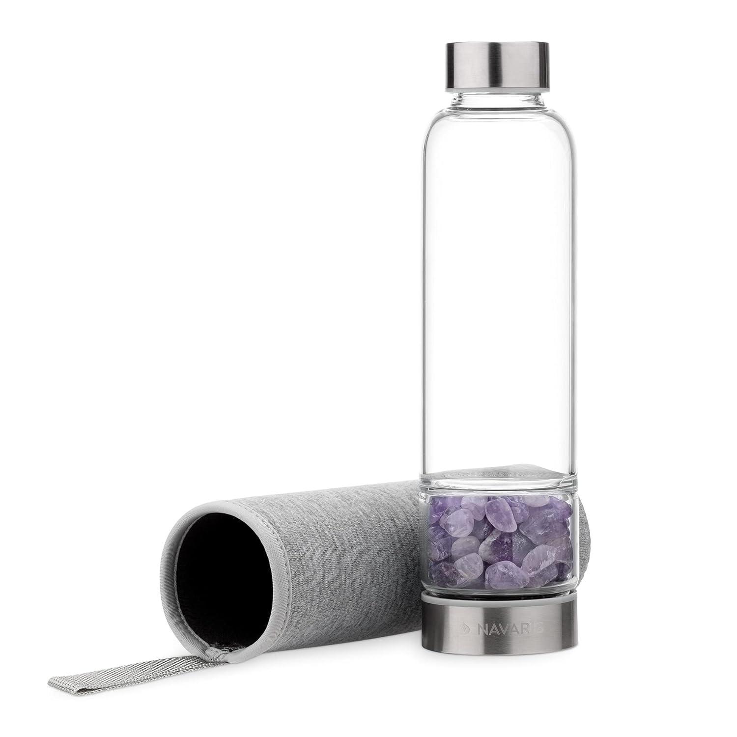 Navaris Crystal Water Bottle - 14oz Glass Gemstone Drink Bottle with Loose Natural Gem Stones - Available with Different Type Stones