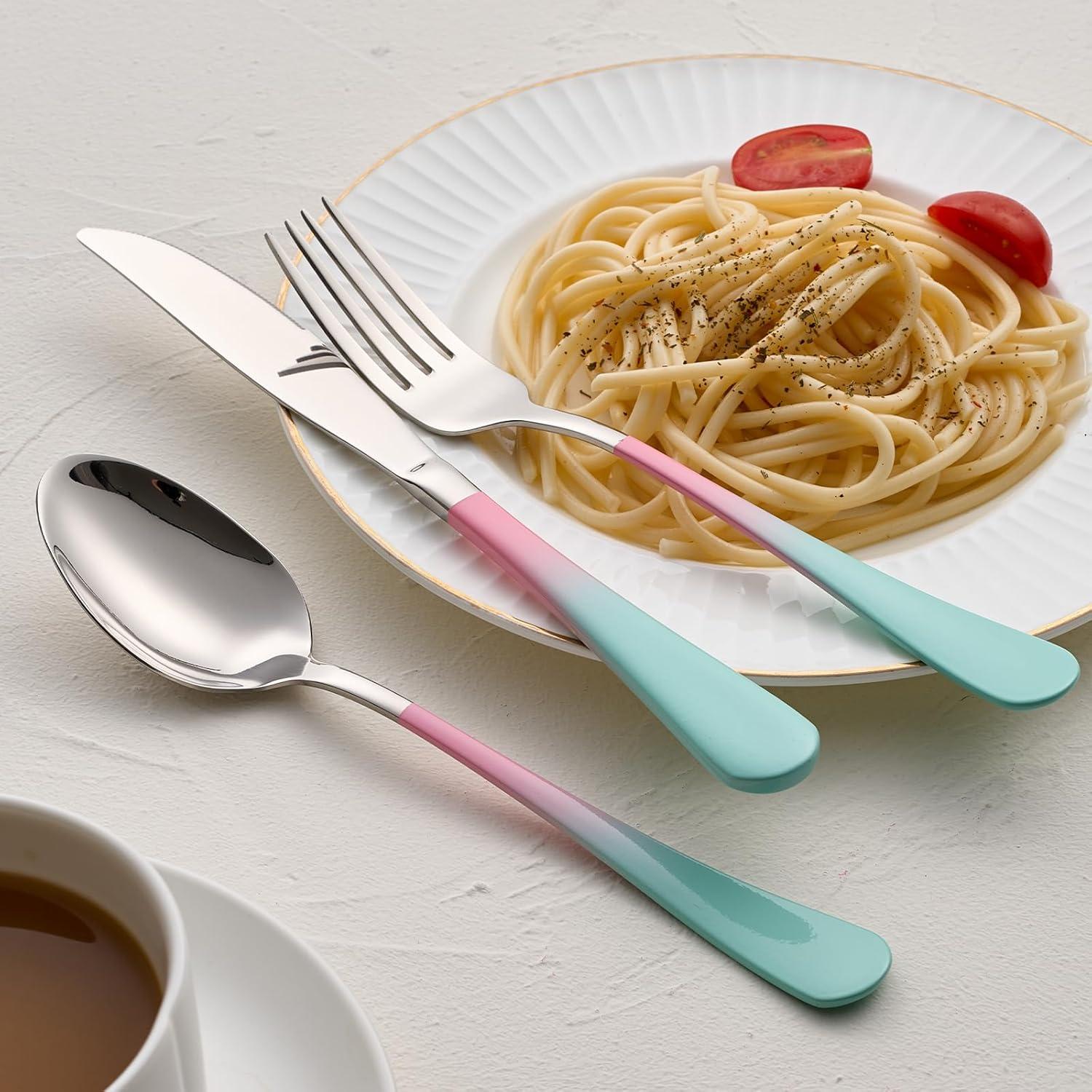 20-Pieces color Silverware Sets for 4,Pink and Green Handle Stainless Steel Cutlery Set, Include Forks Spoons and Knives Set, Dishwasher Safe Utensil Sets for Home Restaurant