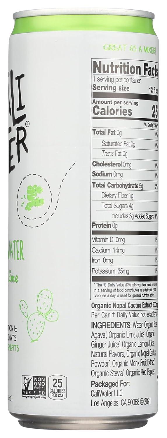 Caliwater Organic Cactus Water Ginger Lime, Coconut Water Alternative, Natural Plant Based Hydration, Skin Care, Electrolyte Drinks, Flavored Waters, 12-Pack 12oz/can 6g Sugar, 30 Calories,