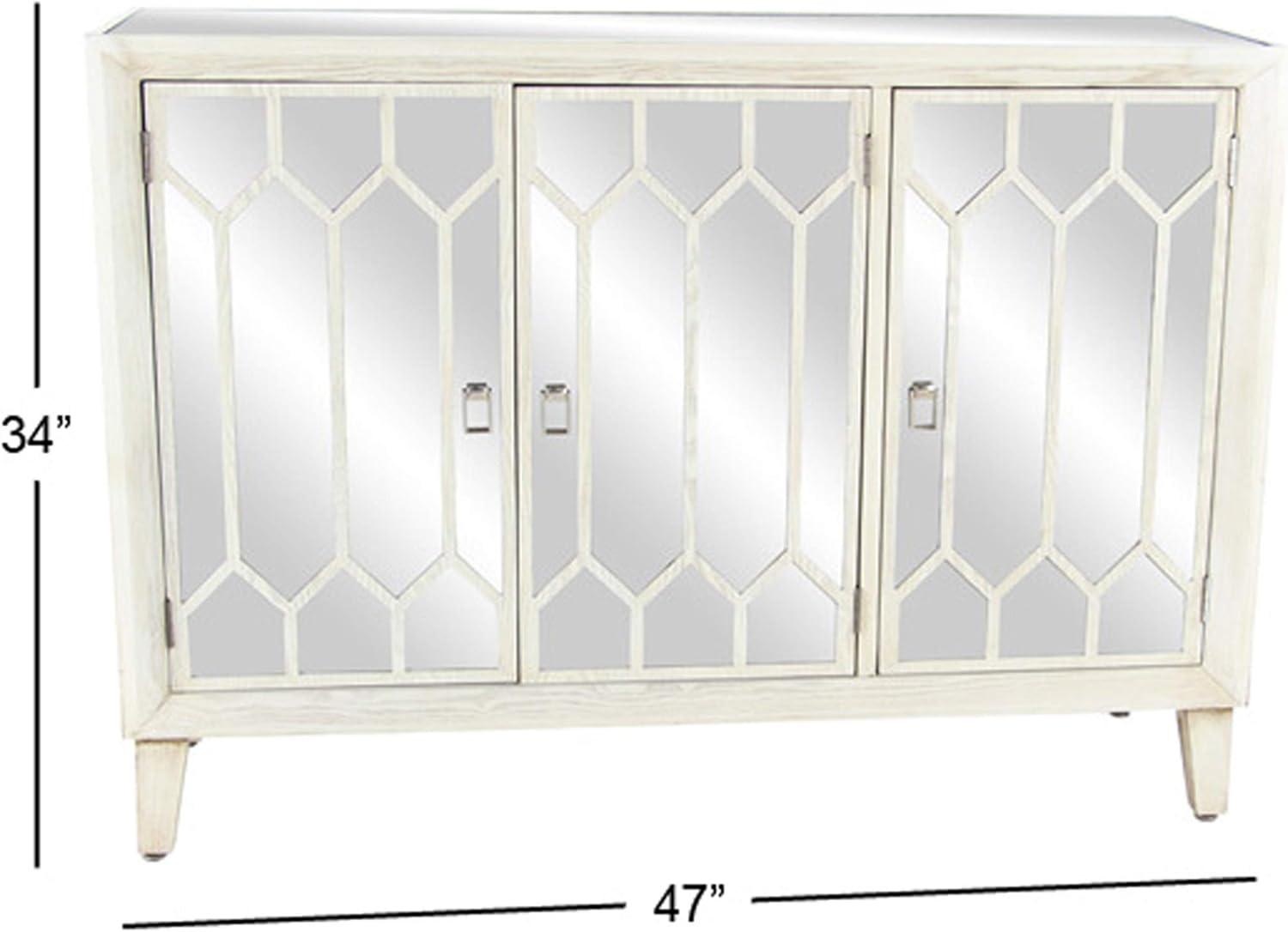 DecMode 47" x 34" White Wood Mirrored 1 Shelf and 3 Doors Geometric Cabinet, 1-Piece