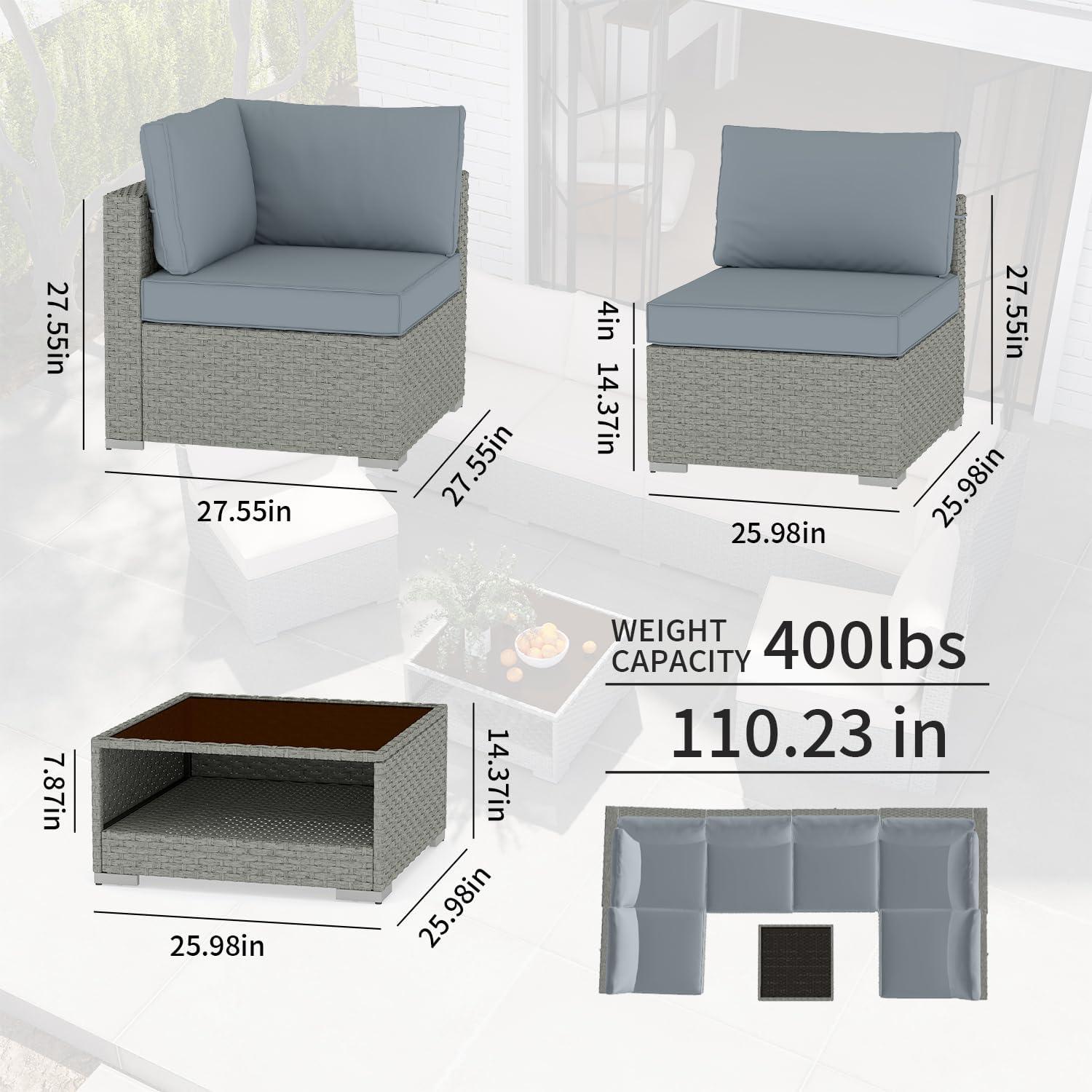 Aug-guan 7-Piece Patio Furniture Set, All-Weather Boho Outdoor Conversation Set Sectional Sofa with Water Resistant Grey Thick Cushions and Storage Table for Yard,Lawn,Grey