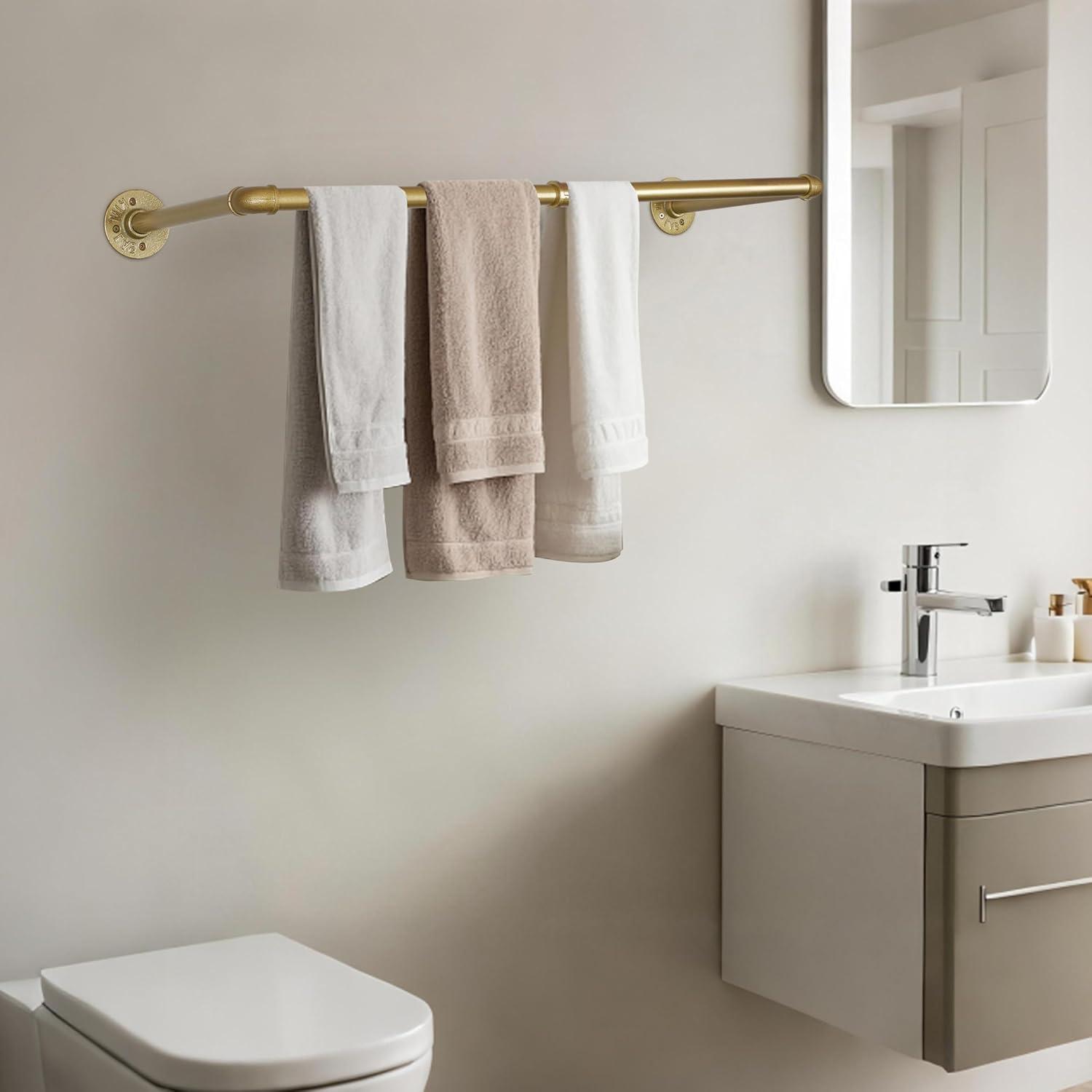 AddGrace 2 Pack Industrial Pipe Clothes Rack Gold Wall Mounted Clothing Rack for Hanging Clothes 34.5 Inch Multi-Purpose Garment Bar for Wardrobe and Laundry Room