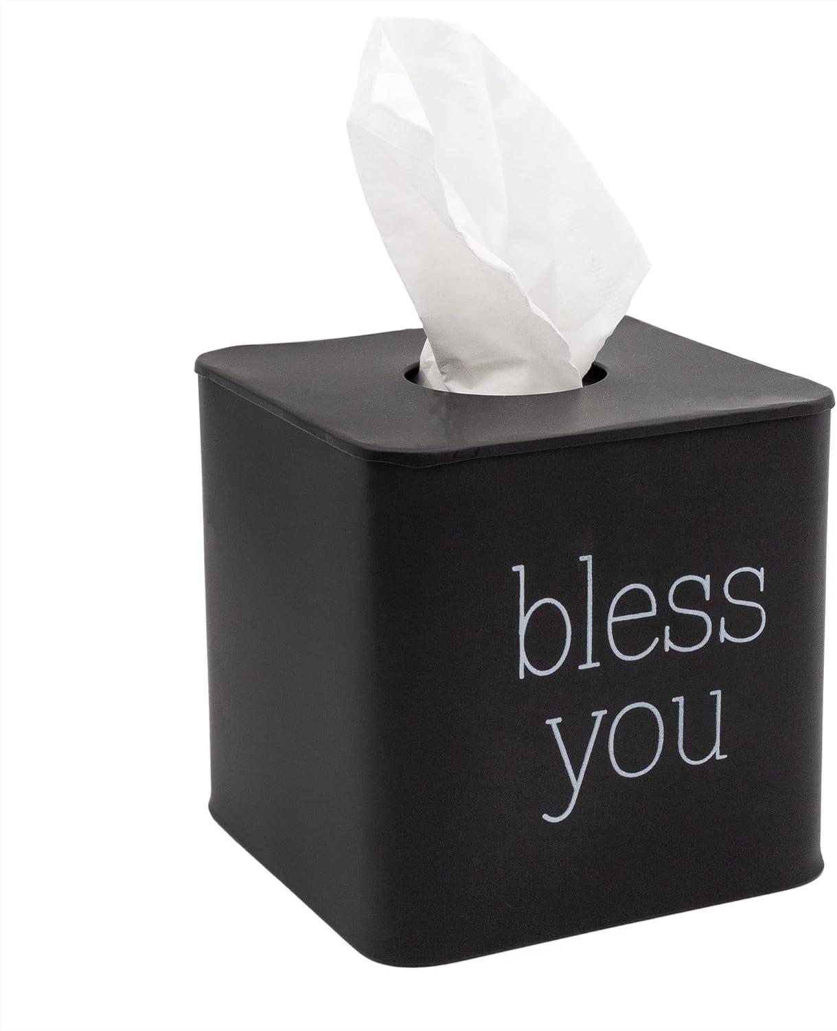 Black Enamel Square Tissue Box Cover with Bless You Text