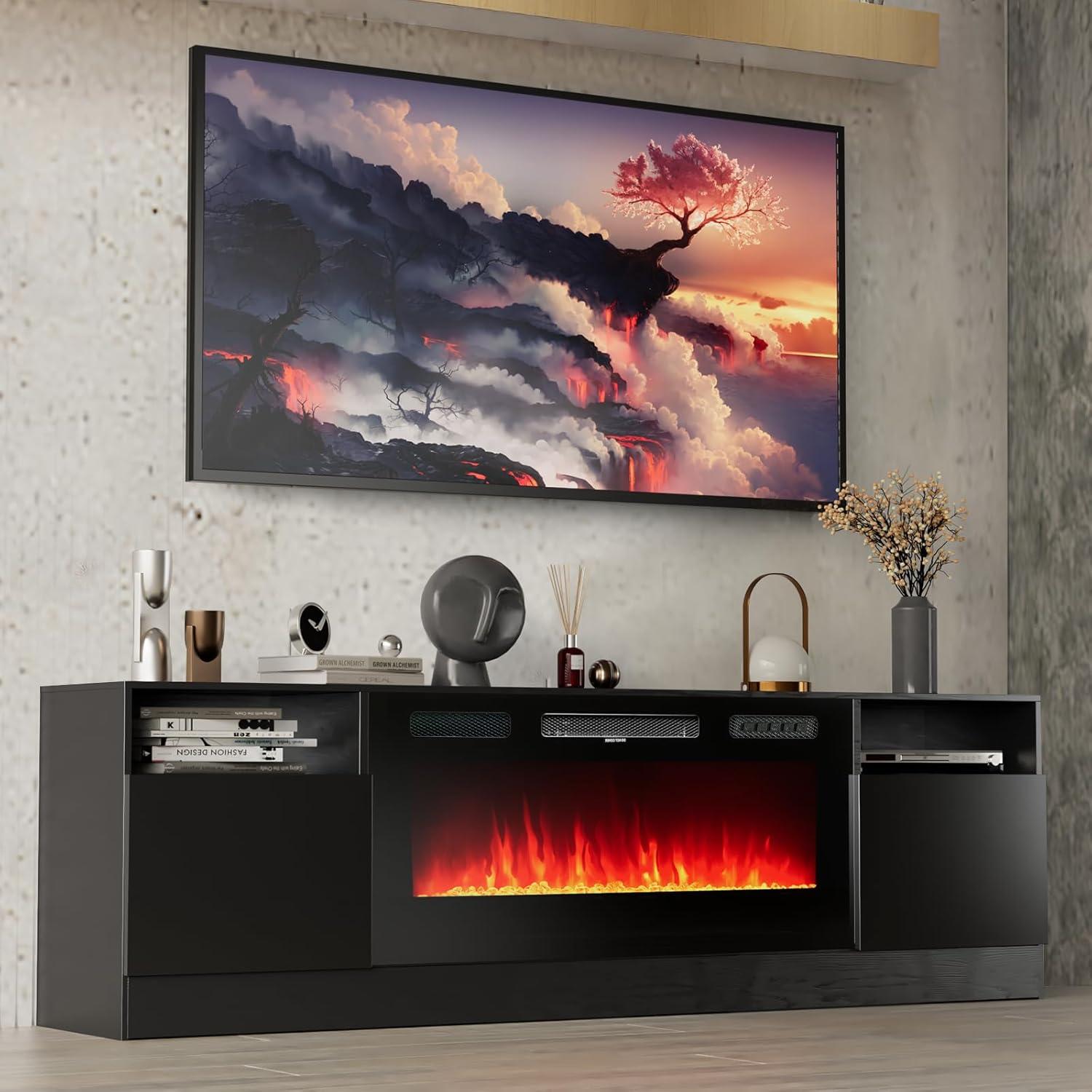 oneinmil Fireplace TV Stand with 36" Electric Fireplace, LED Light Entertainment Center, Modern Wood Texture Entertainment Stand with Highlight Storage Cabinet for TVs Up to 80", 70 inches, Black