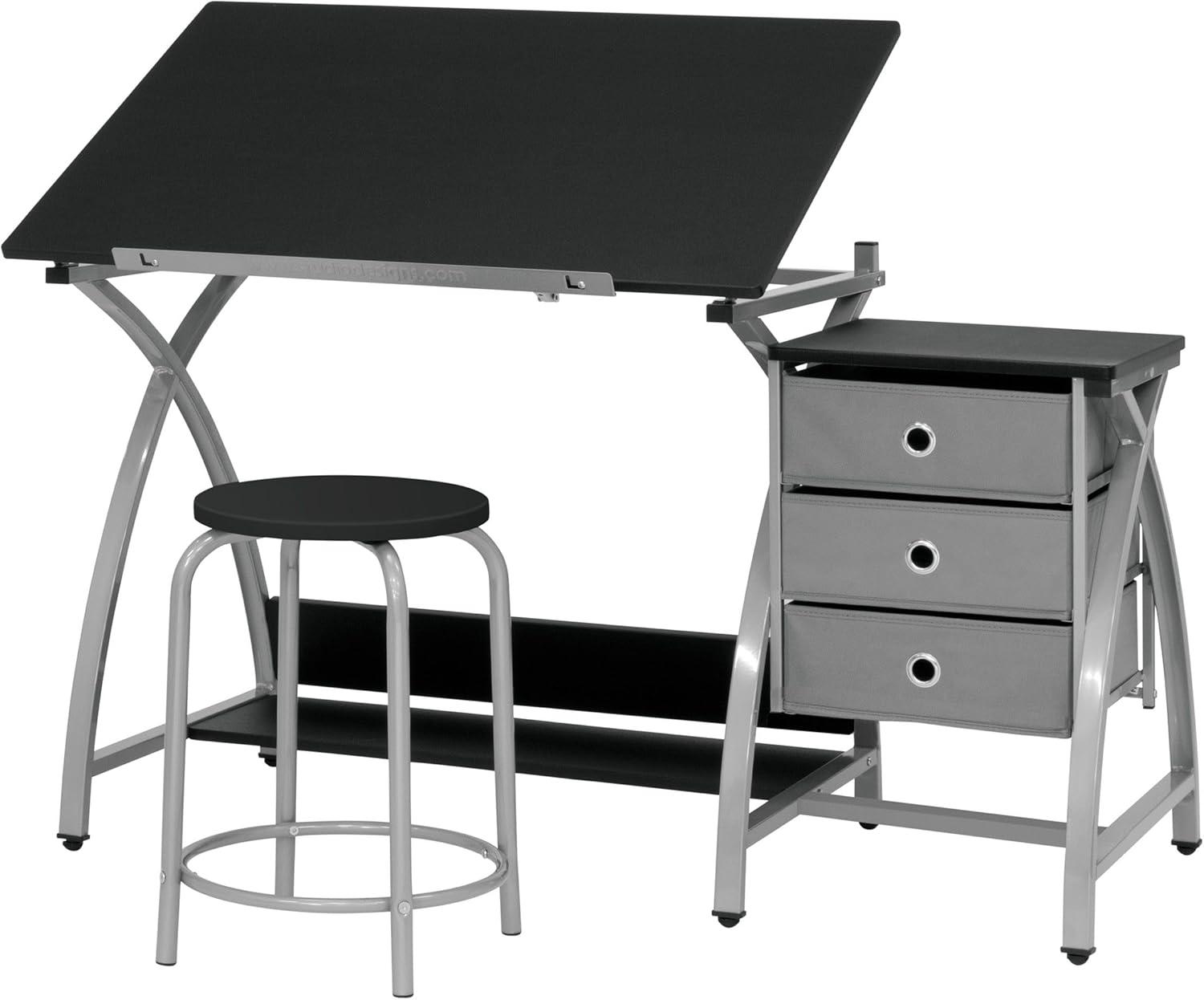 Comet Plus Drawing Table and Stool Set Silver/Gray - studio designs: Adjustable Top, Storage Drawers, Padded Seat