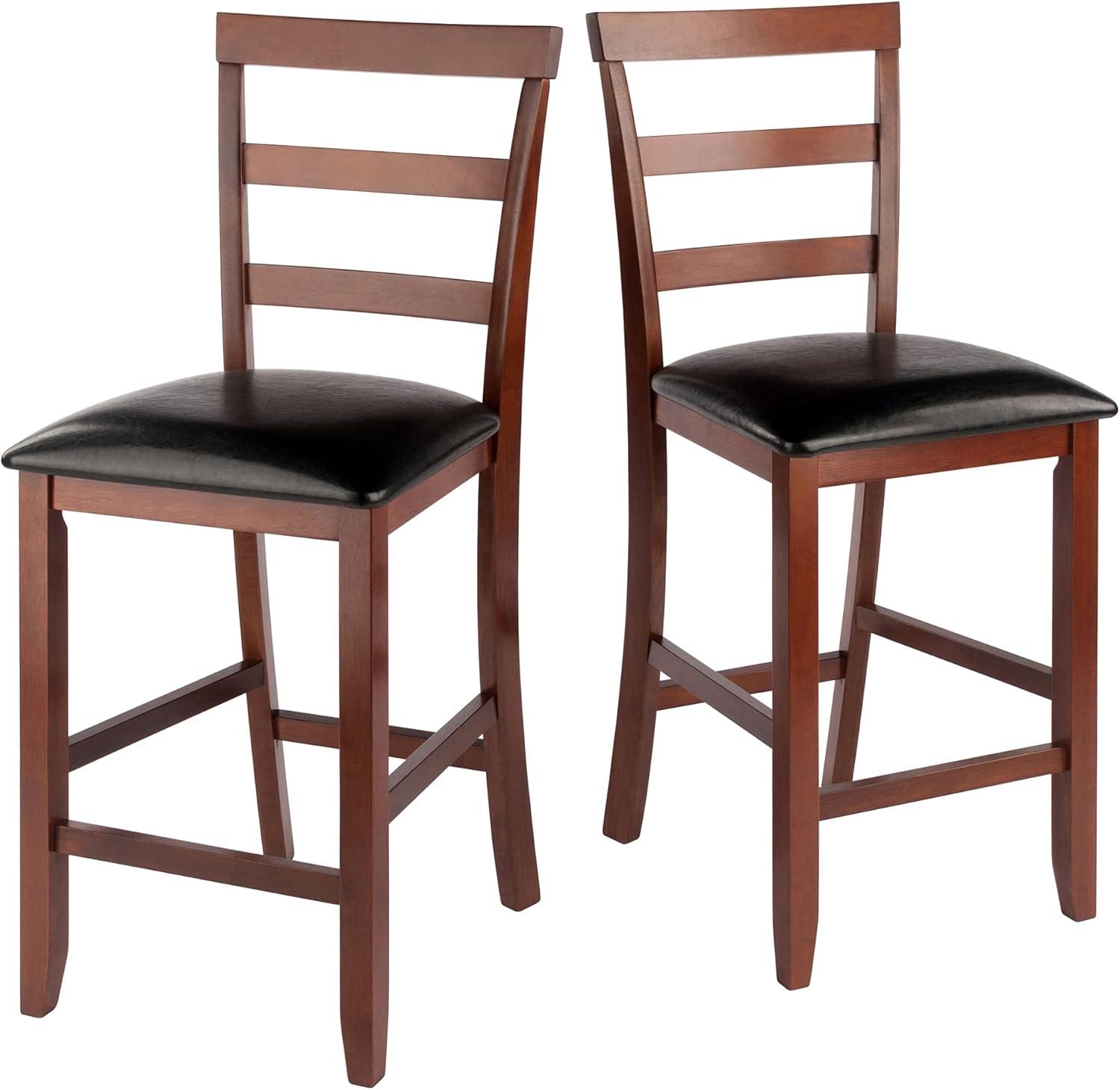 Walnut Wood & Black Leather Transitional Counter Stools, Set of 2