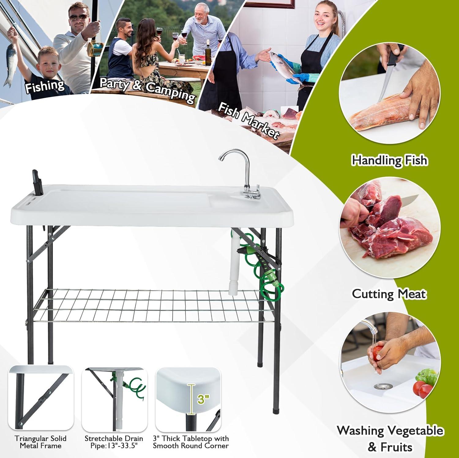 Folding Fish Cleaning Table Portable Camping Sink Table with Faucet Drainage Hose & Sprayer Outdoor Fish Fillet Cleaning Station with Grid Rack & Knife Groove for Picnic Fishing, Grey