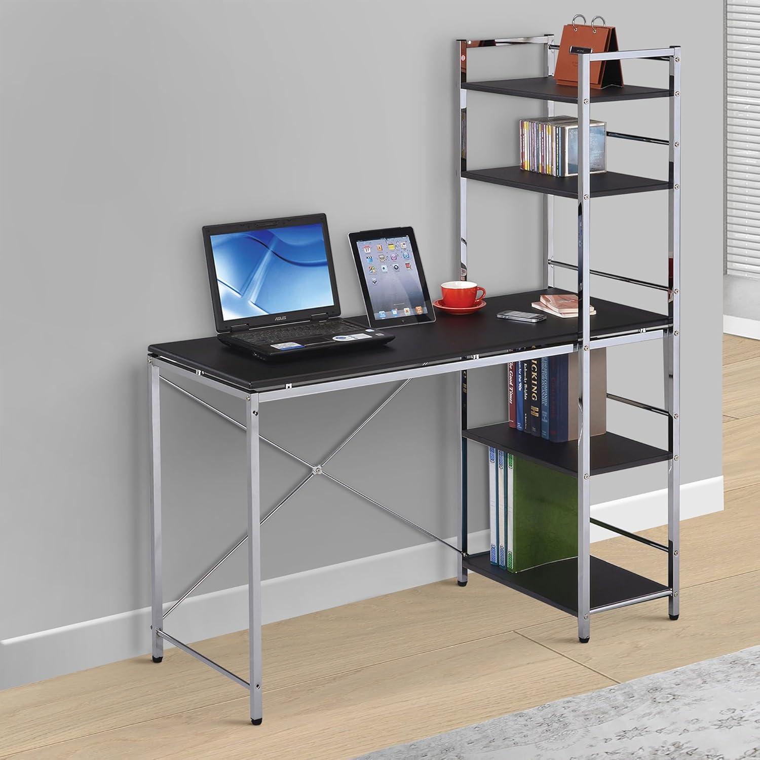 Elvis Black Wood and Chrome Computer Desk with Bookshelf