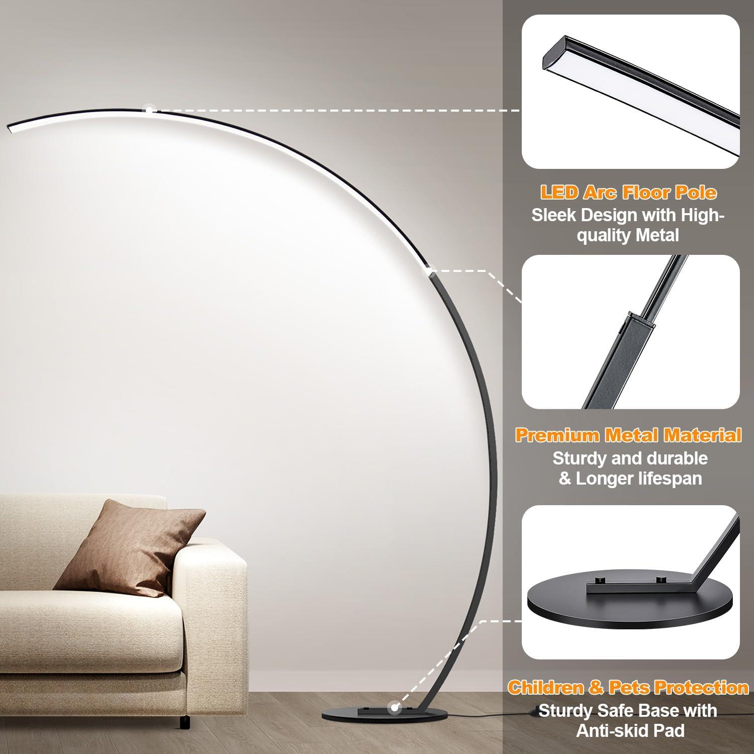 Dimmable LED Floor Lamp With 3 Color Temperatures, Ultra Bright 2000LM Arc Floor Lamps For Living Room, Modern Standing Tall Lamp With Remote Control Reading Floor Lamp For Bedroom Office Classroom