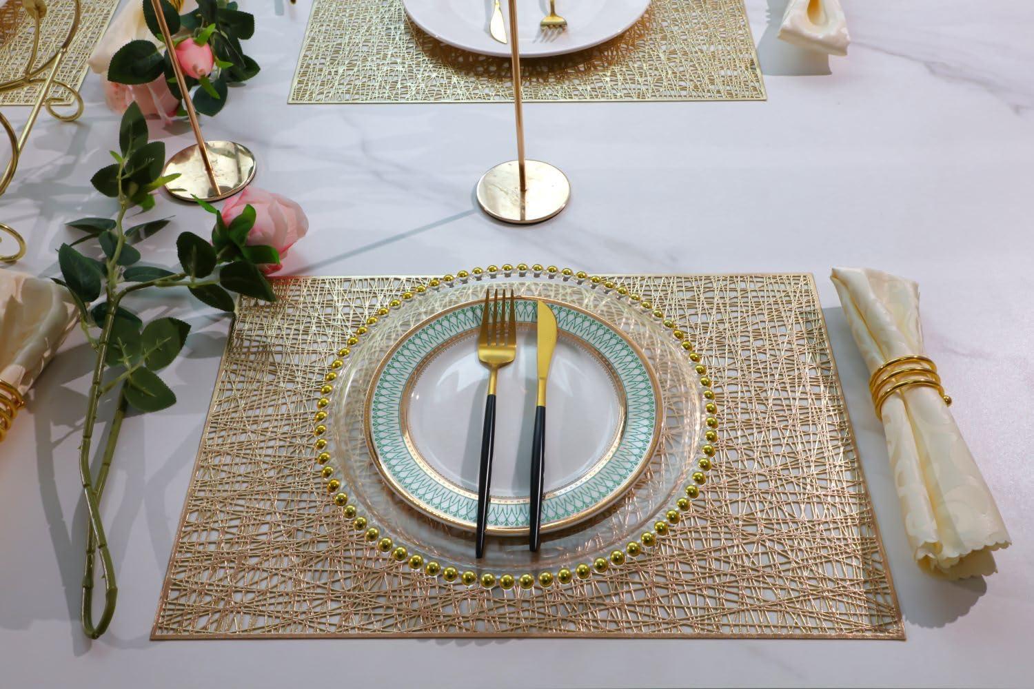 Holzlrgus Gold Rectangle Placemats Set of 4 Metallic Vinyl Easy to Clean Non-Slip Stain Heat Resistant Washable Wipeable Morden Abstract Table Mats for Dinning Wedding Party Festival