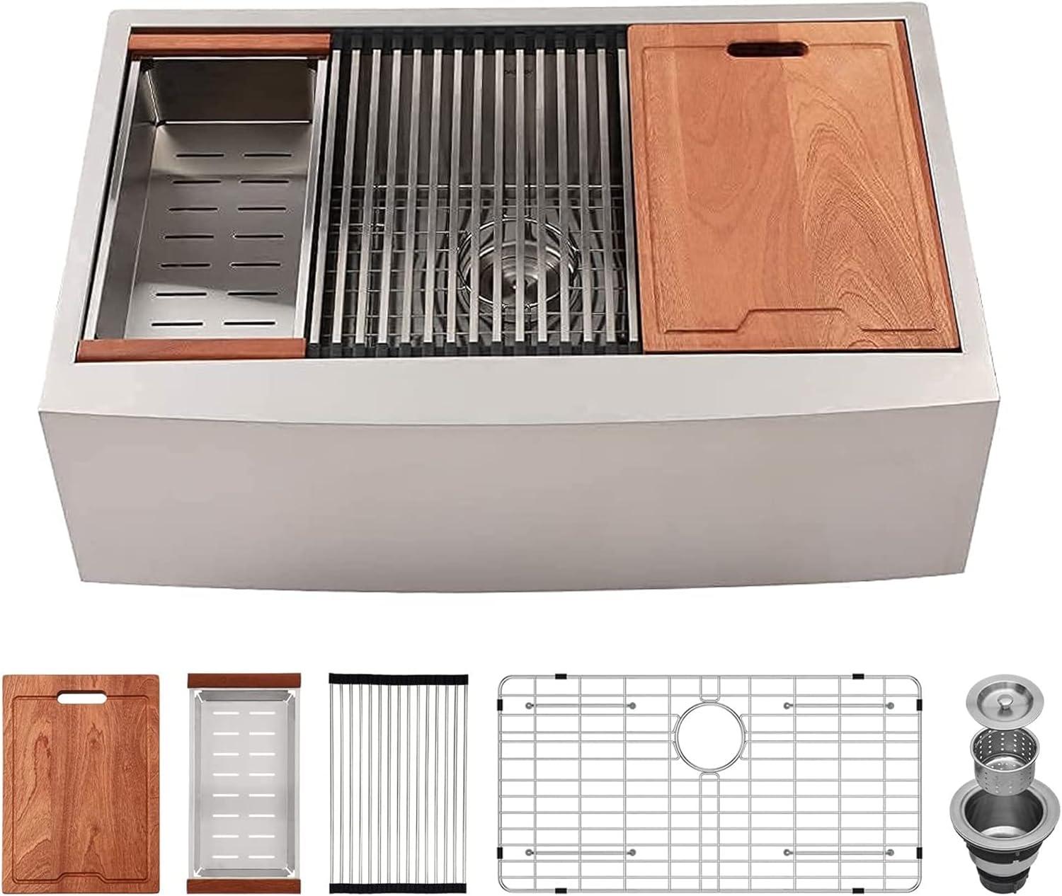 30" L x 22" W Workstation Farm Kitchen Sink Stainless Steel Single Bowl Apron Front Kitchen Sink