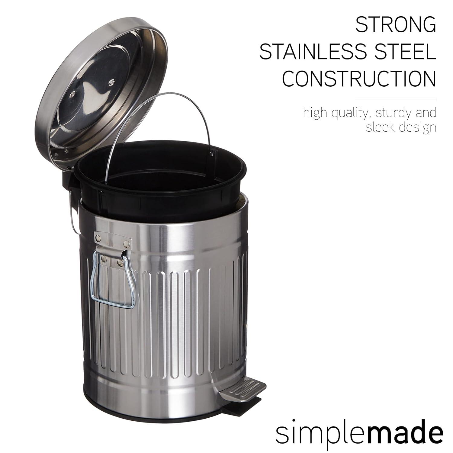 Stainless Steel Cylindrical Pedal Trash Can with Lid, 5 Liter