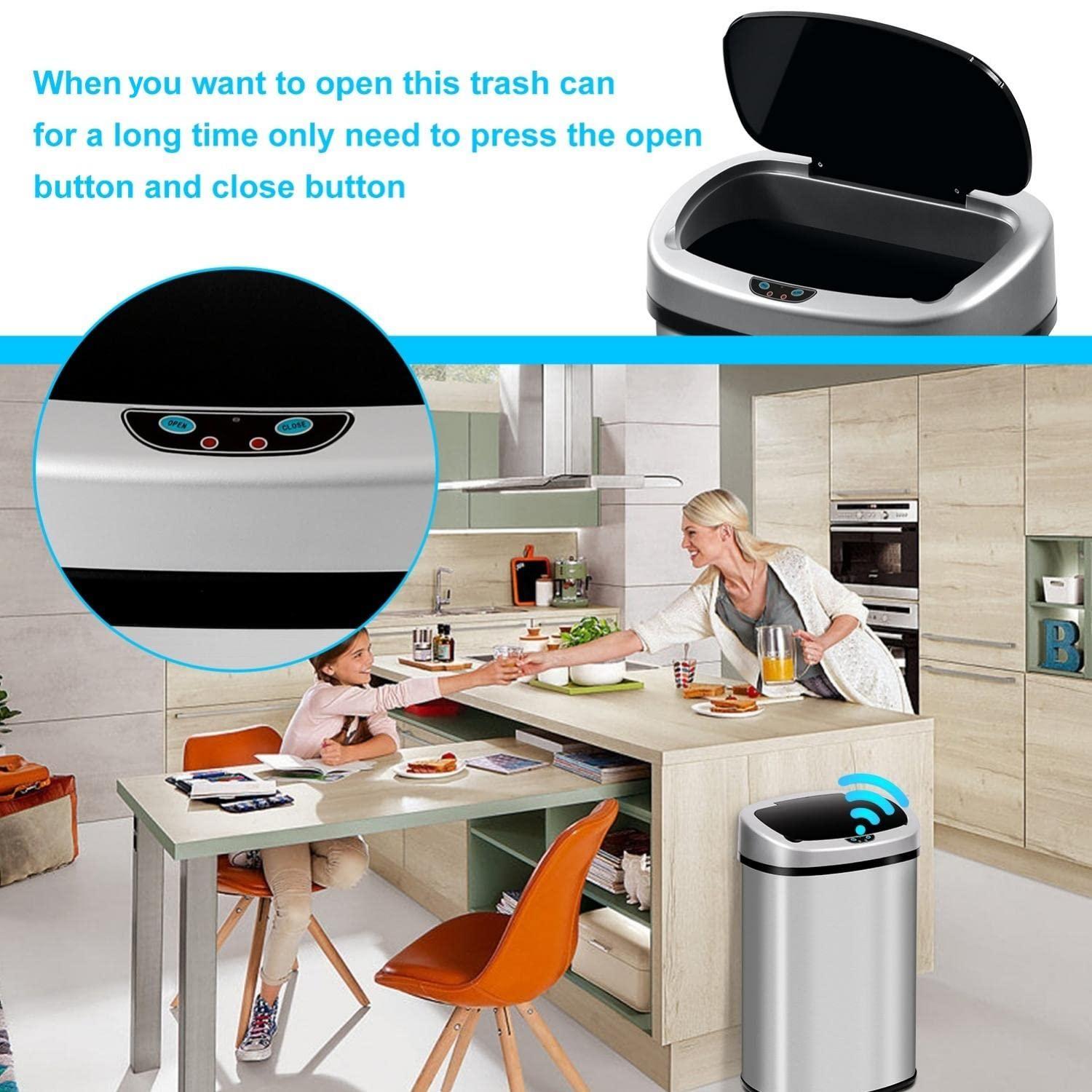 FDW Kitchen Trash Can with Lid, 13 Gallon Automatic Garbage Can for Bathroom Bedroom Home Office 50 Liter Touch Free Stainless Steel Waste Bin,Black