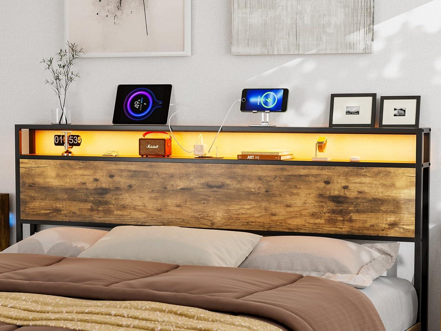 Ivy Bronx Kaiwei Storage Headboard With Led Lights & Charging Station - Industrial Metal And Wood