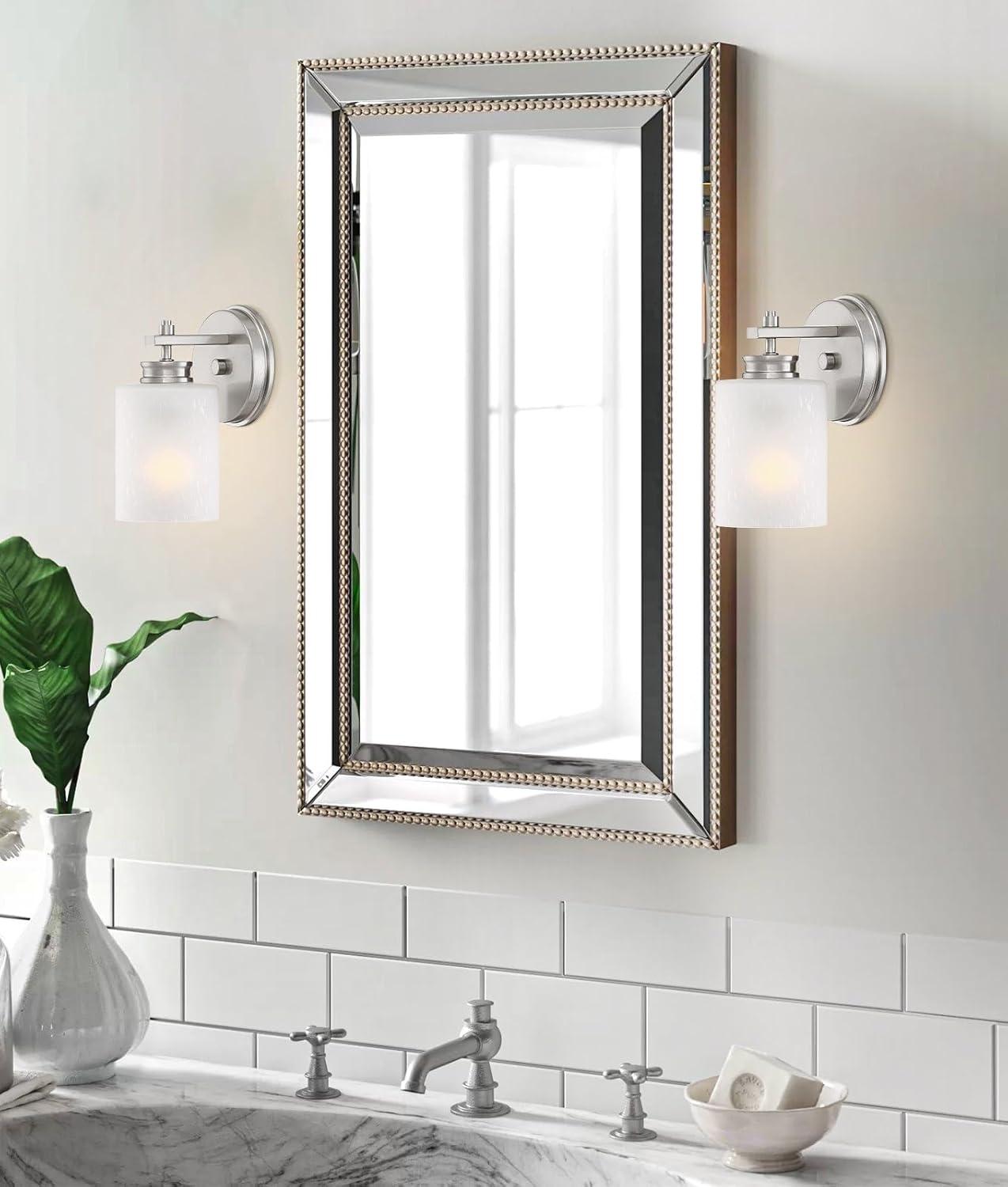 Kira Home Phoebe 8" Modern Farmhouse Wall Sconce/Vanity Light + Frosted Seeded Glass Shade, Brushed Nickel Finish