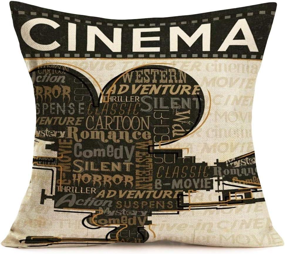 Smilyard Movie Theater Cinema Throw Pillow Covers Vintage Cinema Ticket with Popcorn Throw Pillow Case 18x18 Inch Cotton Linen Personalized Home Decor Cushion Cover for Sofa Set of 4 (Cinema Set)