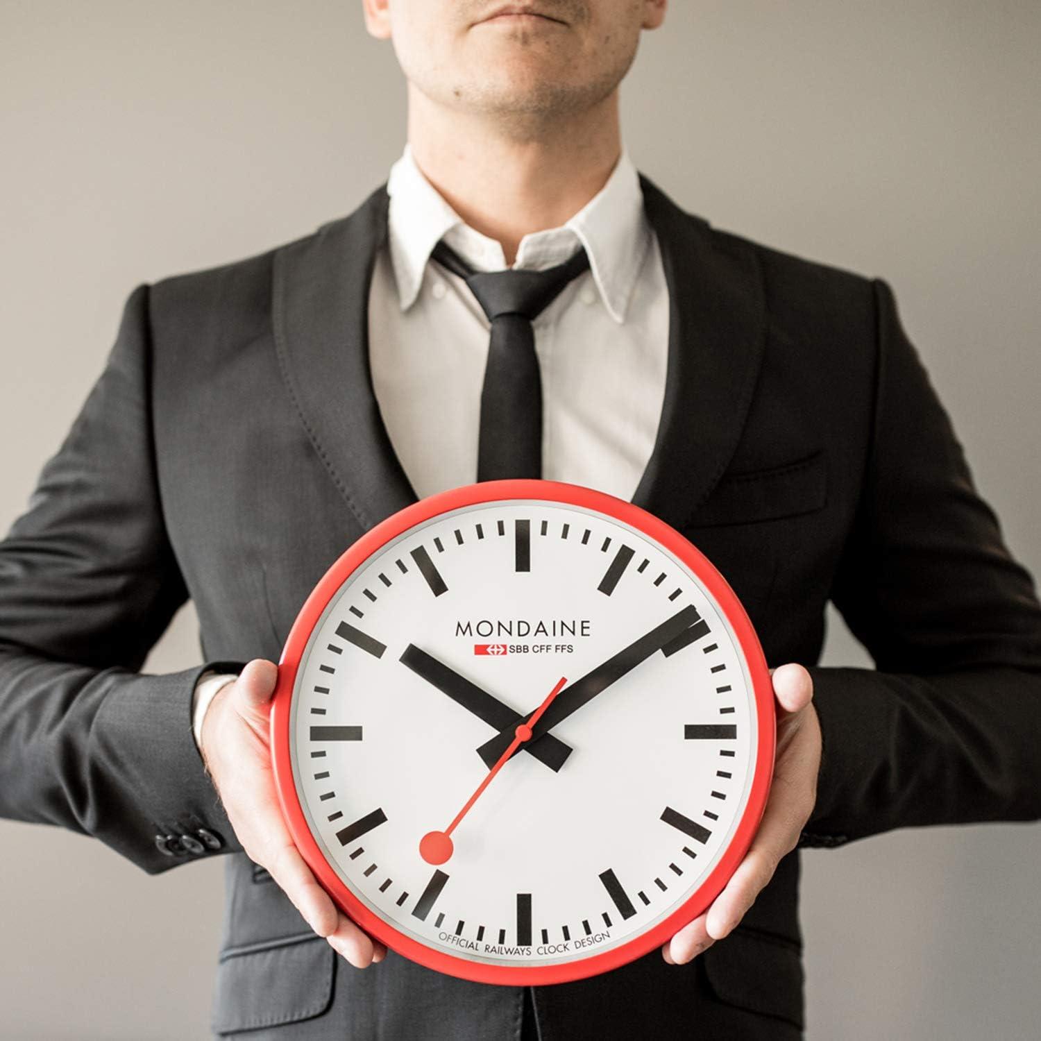 Mondaine - Wall Clock A990.Clock.11SBC 25cm - Official Swiss Railways Clock - Red Second Hand Red Aluminium Casing - Dust Resistant Wall Clocks - Made in Switzerland