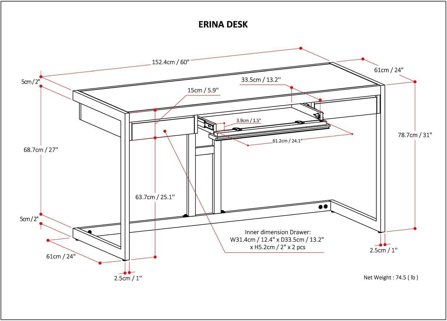 Simpli Home Erina 48"W Solid Acacia Wood Small Desk, Industrial Style with Keyboard Tray and 2 Drawers