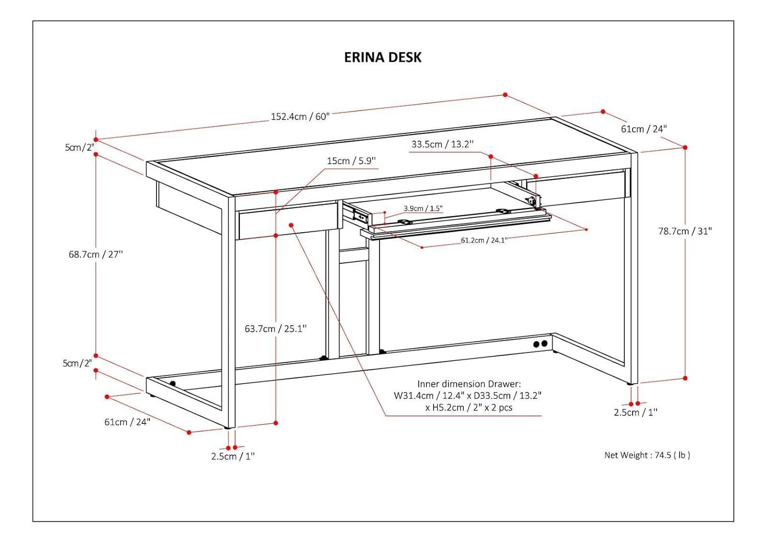 Simpli Home Erina 48"W Solid Acacia Wood Small Desk, Industrial Style with Keyboard Tray and 2 Drawers