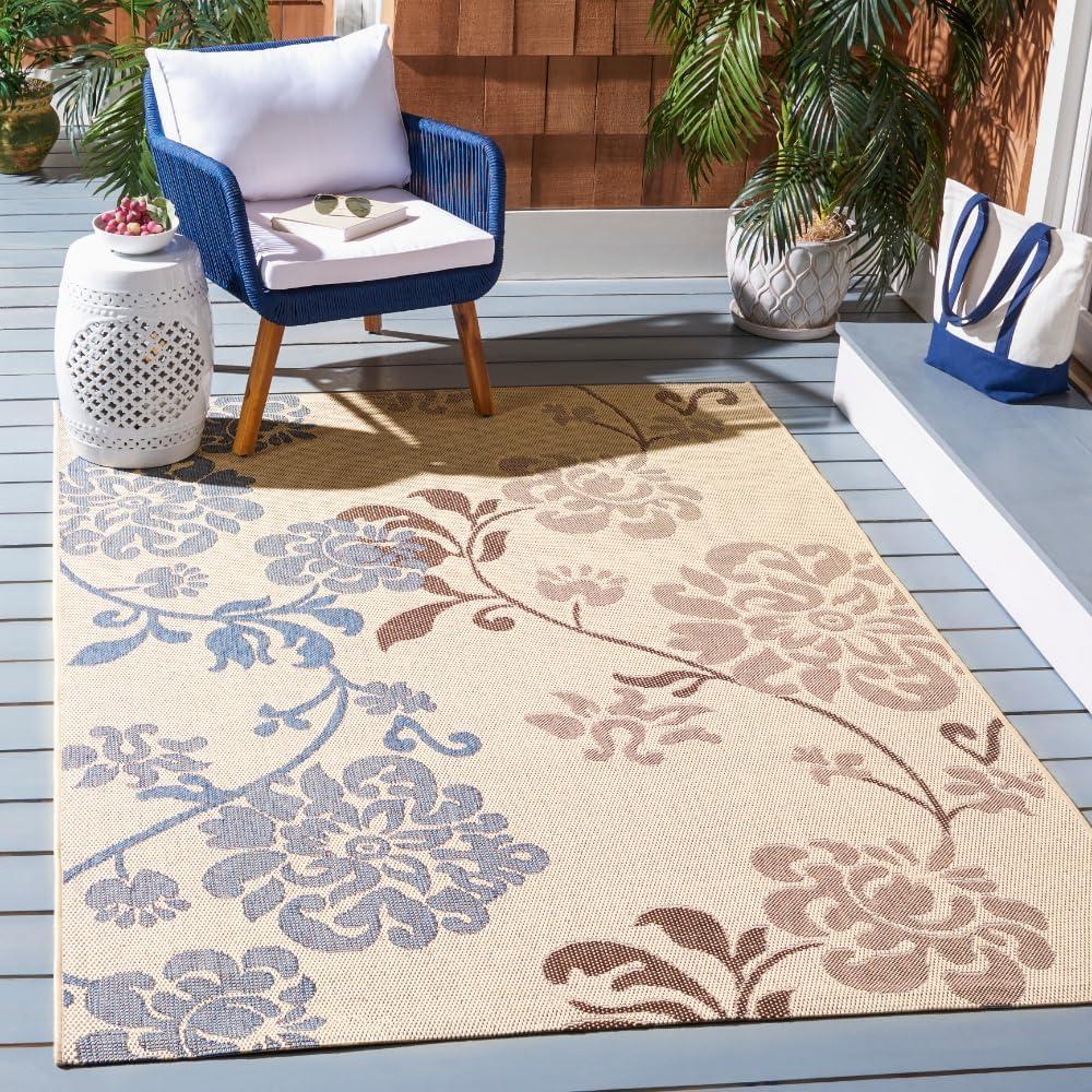 SAFAVIEH Courtyard Cindy Floral Indoor/Outdoor Area Rug, 5'3" x 7'7", Natural Brown/Blue