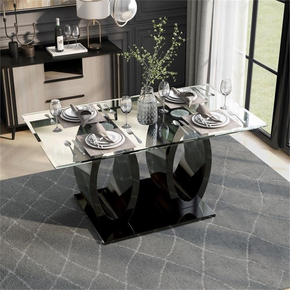 Bowery Hill Wood Contemporary Tempered Glass Top Dining Table in Black