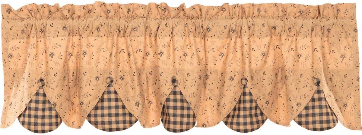 VHC Brands Maisie Primitive 18"x60" Valance Tan Rod Pocket Buttons Cotton Floral/Flower Hanging Loops Kitchen Window Curtains
