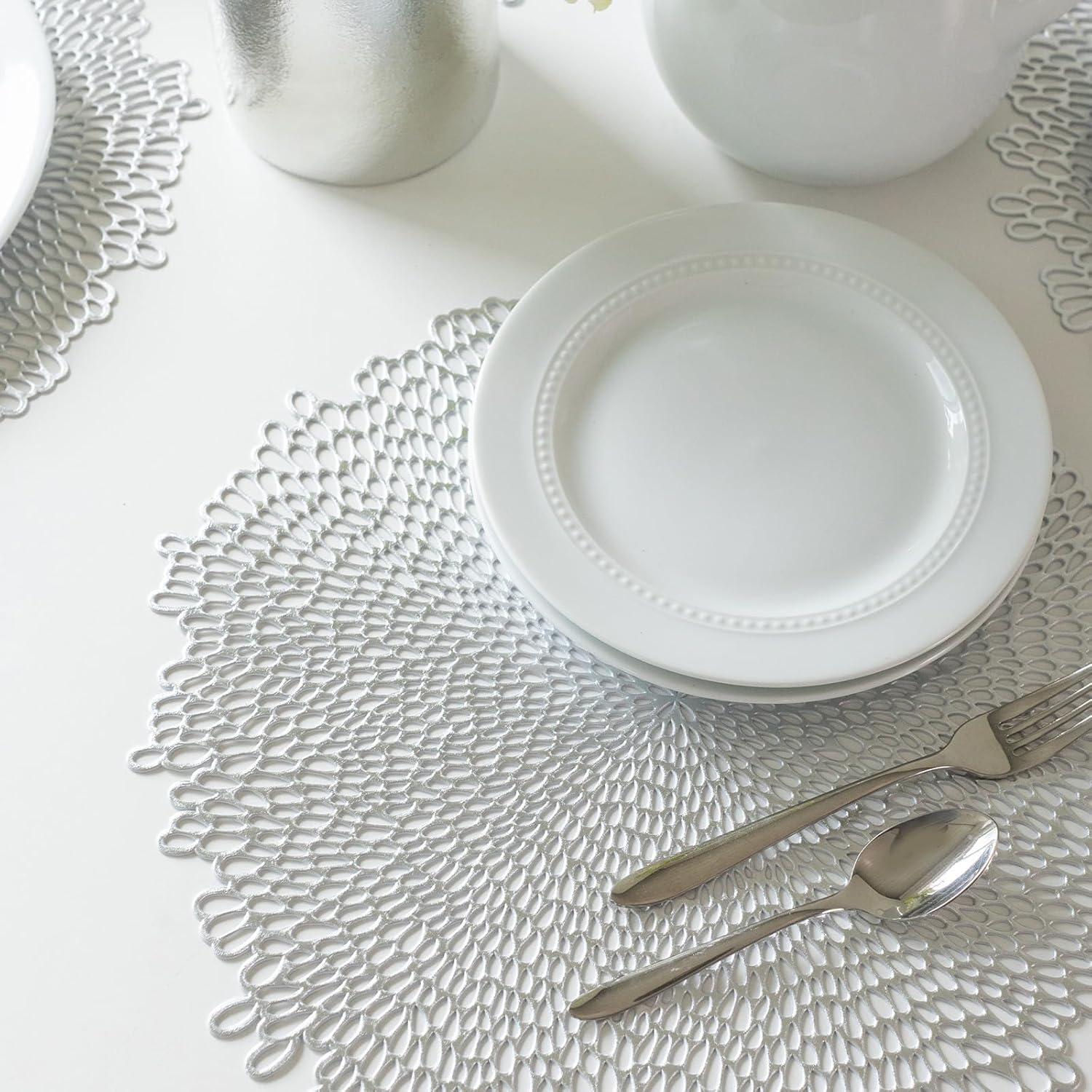 Benson Mills Bloom Pressed Vinyl Placemat Set of 4, Kitchen and Dining Table Mats, Special Occasion, Wedding, Everyday, Holiday Table Décor (15.5" Round, Set of 4, Silver)