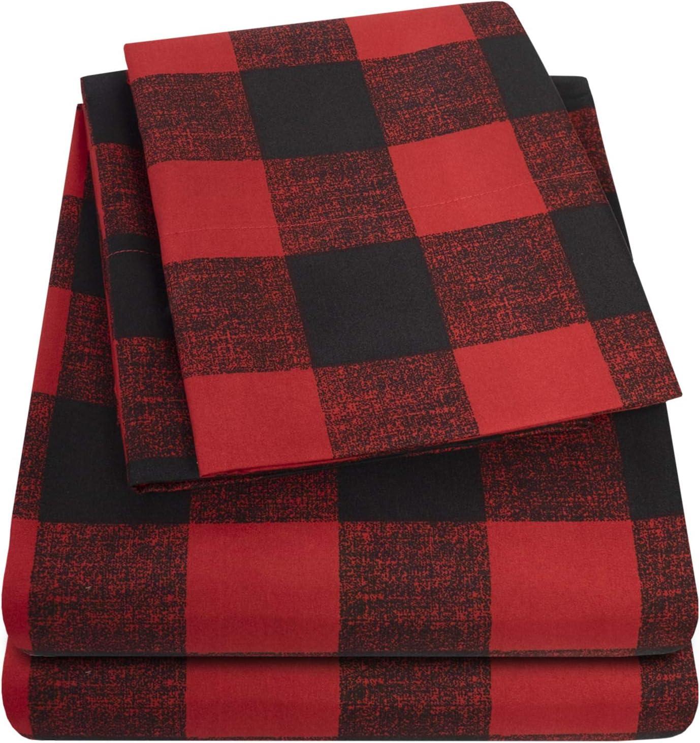 Queen Size Red and Black Plaid Microfiber Deep Pocket Sheet Set