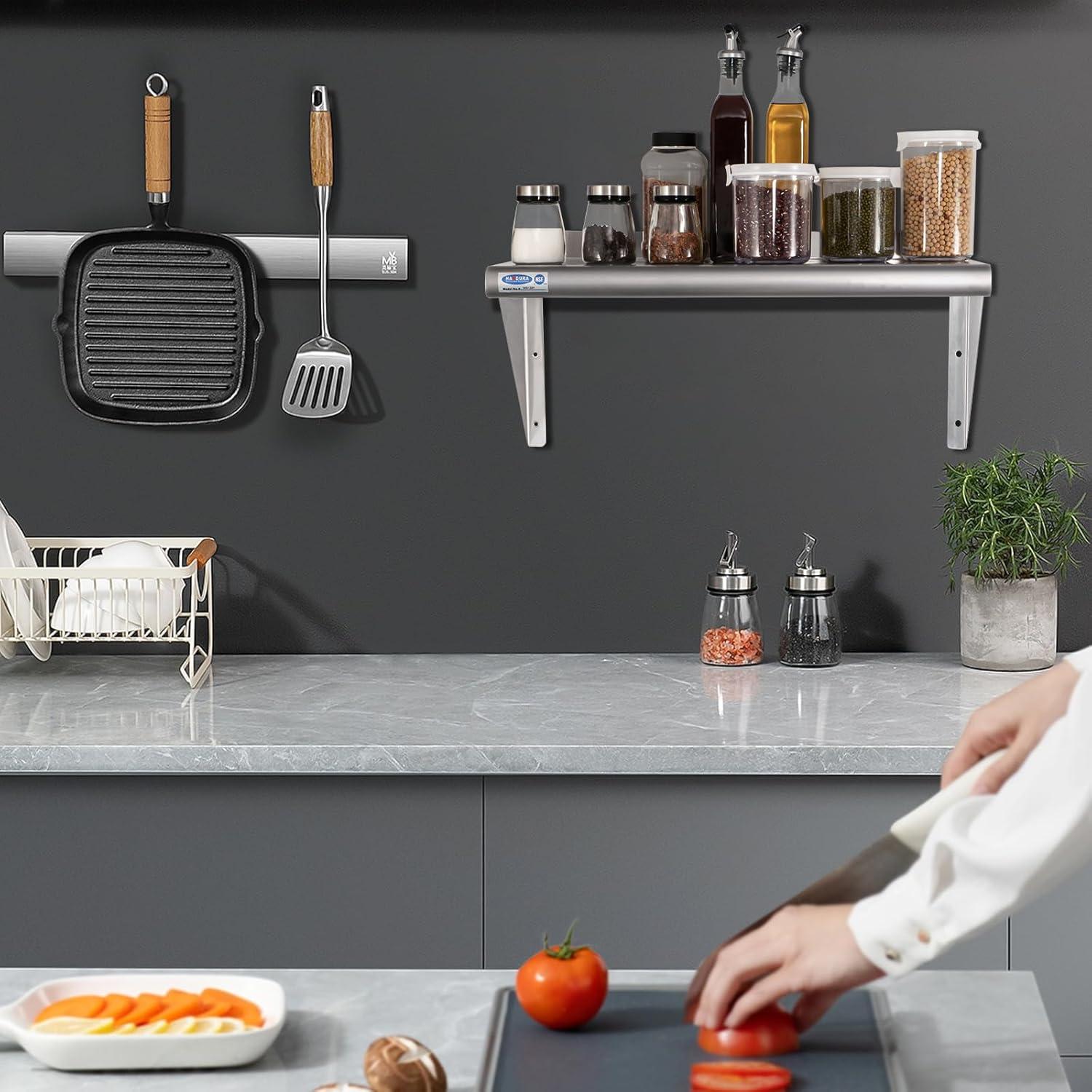 KUTLER Stainless Steel Shelf, NSF Commercial Wall Mount Shelves w/ Backsplash, Floating Metal Mounted Shelving for Restaurant, Kitchen, Home