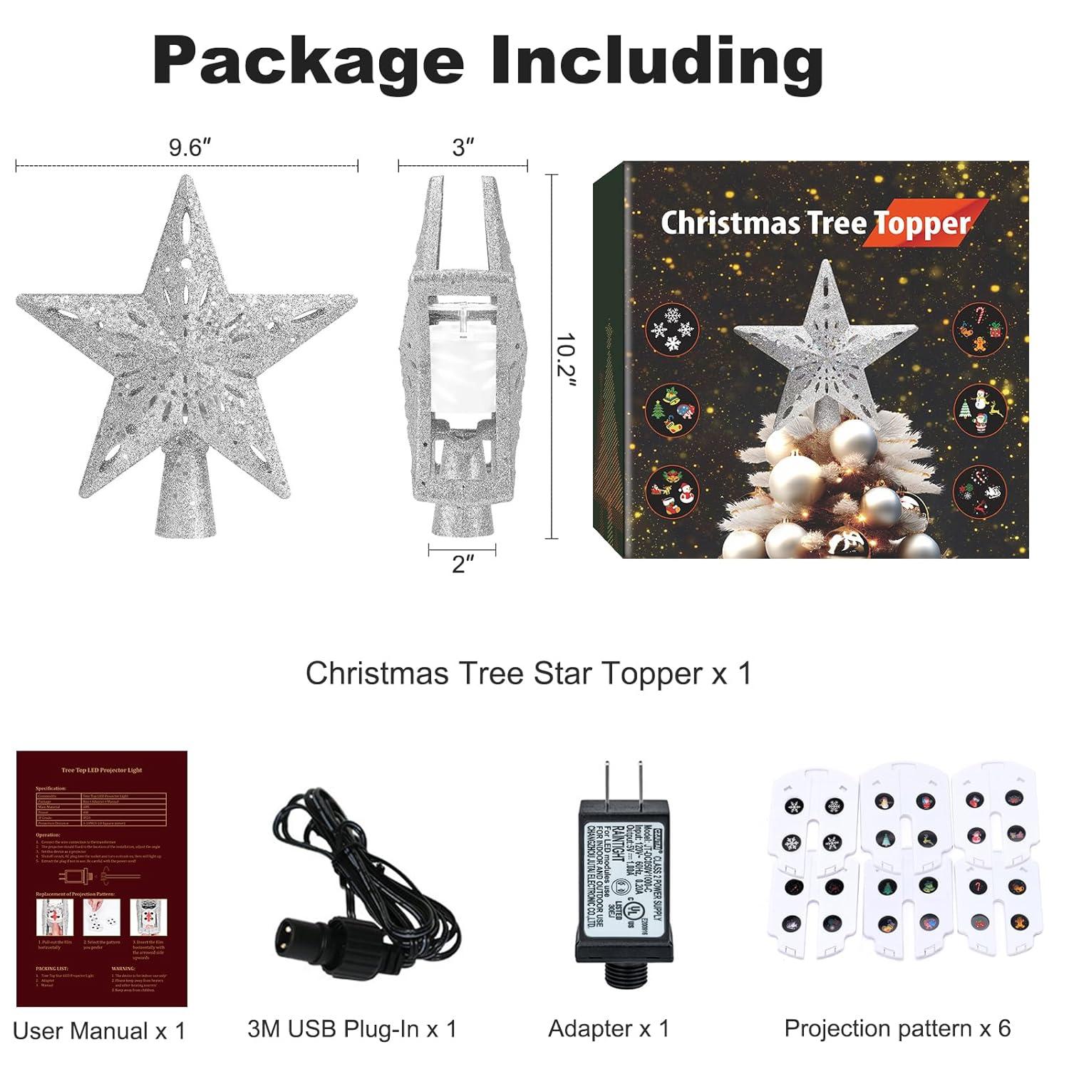 HOUFIY Christmas Tree Topper Lighted with 6 Projection Modes Star Tree Topper Built-in LED Rotating 3D Lighted Glitter Star Decorations Projector Tree Topper for Christmas Tree